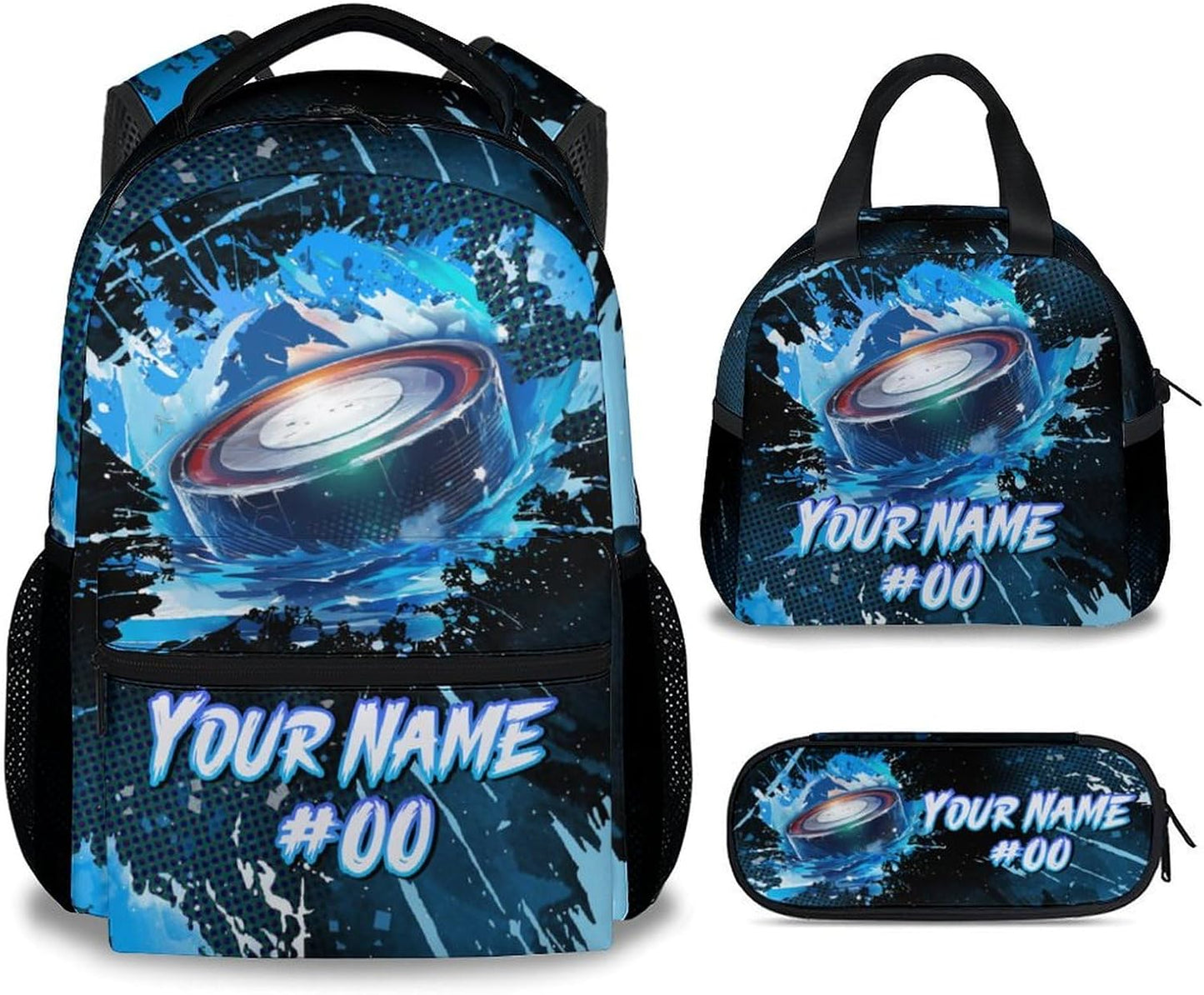 COZYAURA Personalized Backpack - Ice Hockey Backpacks Set for Boys Girls - Kids Bookbag for Elementary Middle School - Cool Field Hockey Theme School Bags with Lunch Bag & Pencil Case