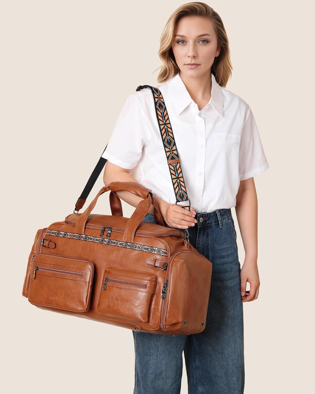 FADEON Duffle Bag for Women, Large Convertible Carry on Overnight Backpack, Designer Leather Mens