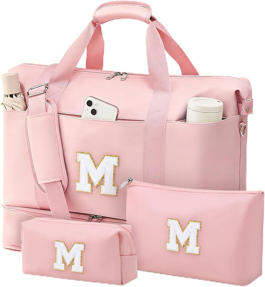 Personalized Initial Travel Duffle Bag for Women, Dance Bags with Foldable Shoe Compartment, Carry-On Weekender Duffel, Gifts for Teenage Girls, Water Resistant, Pink Letter M