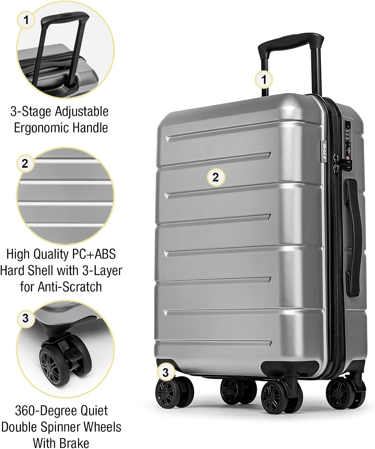 KYME Suitcases with Wheels Hard Shell 26 Inch Luggage with TSA Lock Durable Medium Checked Travel Rolling Luggage with Cup Holder for Women Men Silver Grey