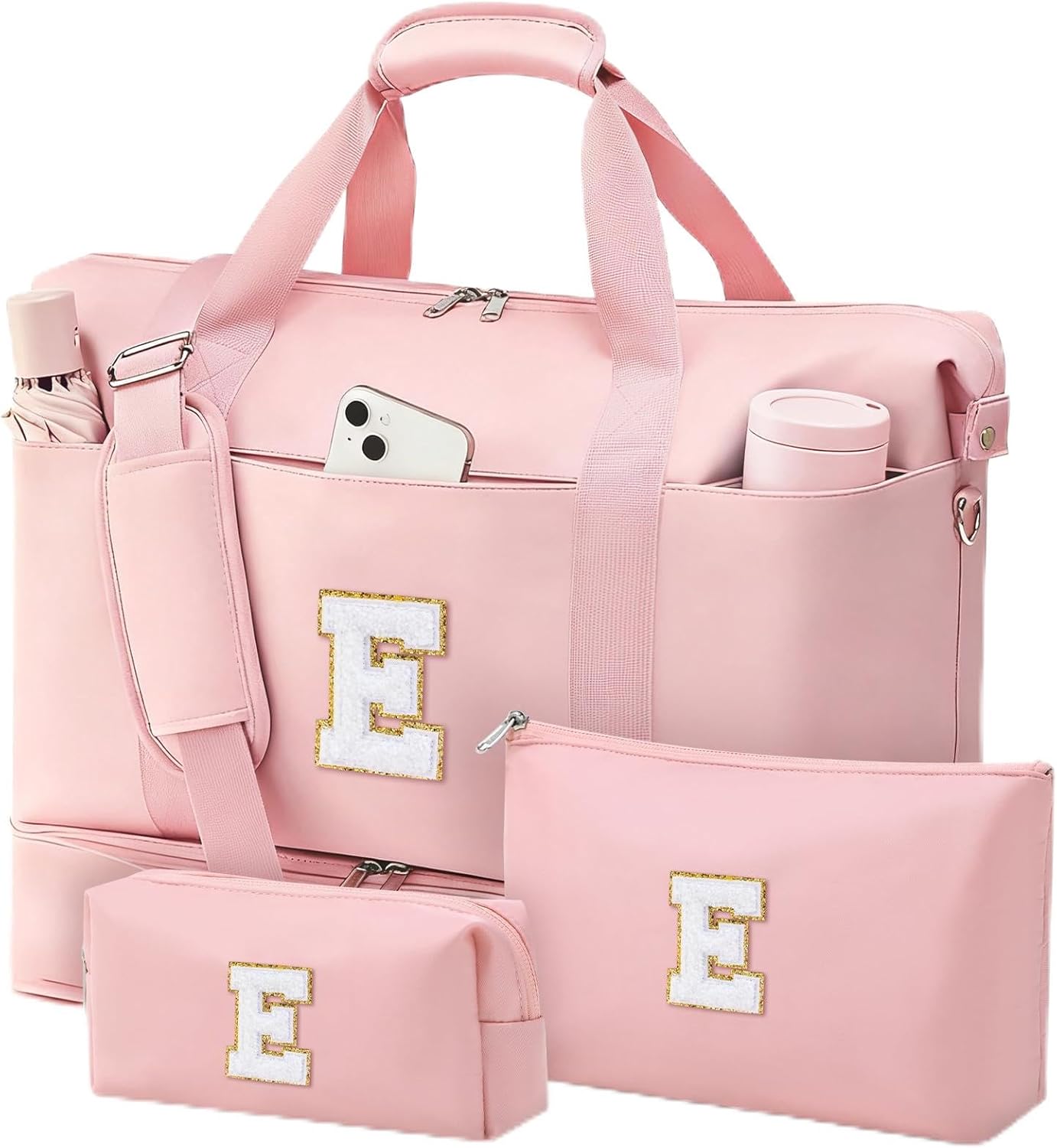 Personalized Initial Travel Duffle Bag for Women, Dance Bags with Foldable Shoe Compartment, Carry-On Weekender Duffel, Gifts for Teenage Girls, Water Resistant, Pink Letter E