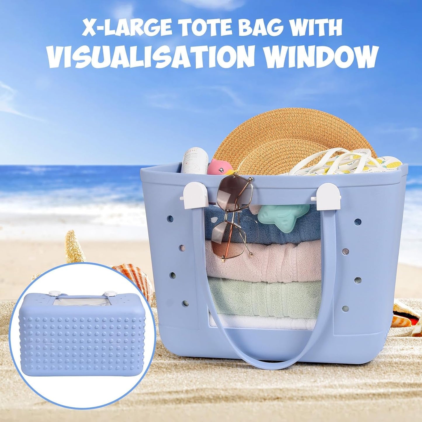 Rubber Beach Bag, Washable Moisture Resistant Durable Open Hole Tote Bag Beach Vacation Essentials