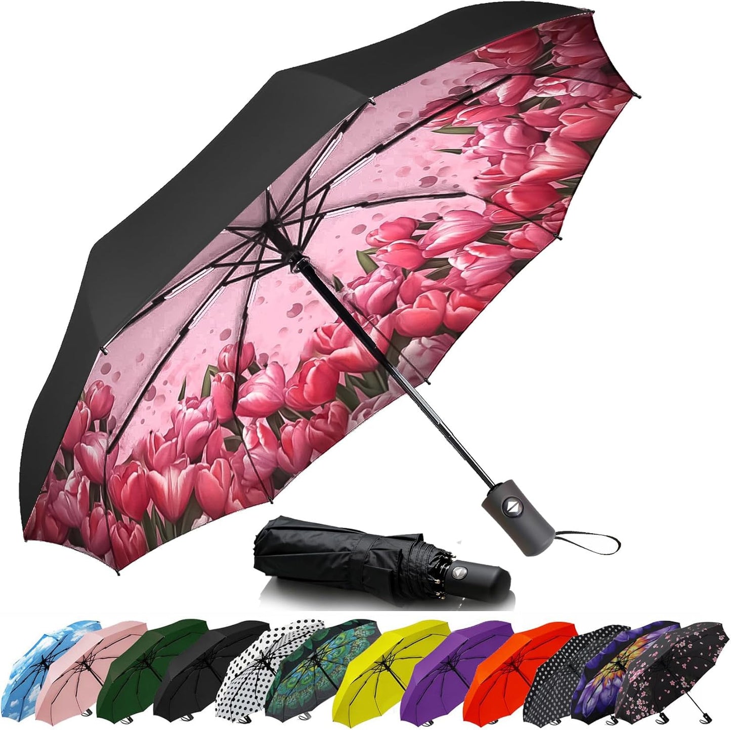 SIEPASA Compact Travel Umbrella - Windproof Auto Open/Close, Lightweight Folding Umbrella wIth Fiberglass Frame & Waterproof Canopy. Fits Backpack/Purse. (Tulip)