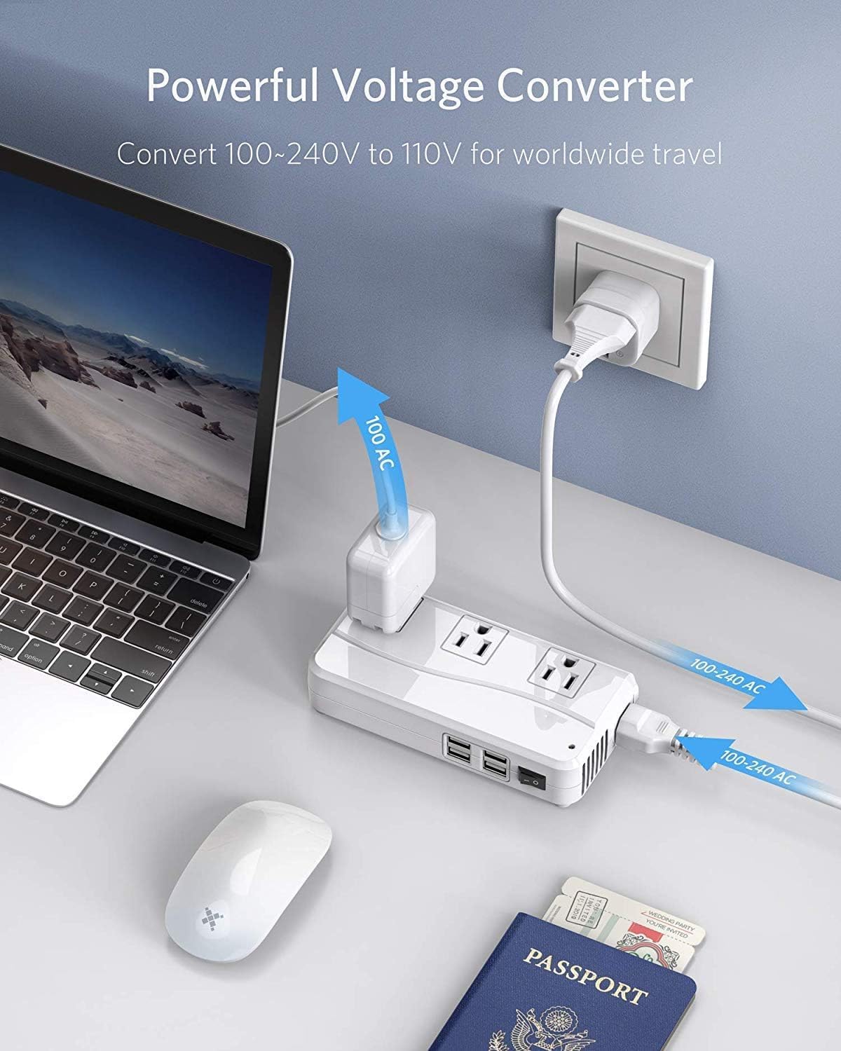 BESTEK Universal Travel Adapter 100-220V to 110V Voltage Converter 250W with 6A 4-Port USB Charging 3 AC Sockets and EU/UK/AU/US/India Worldwide Plug Adapter (White)