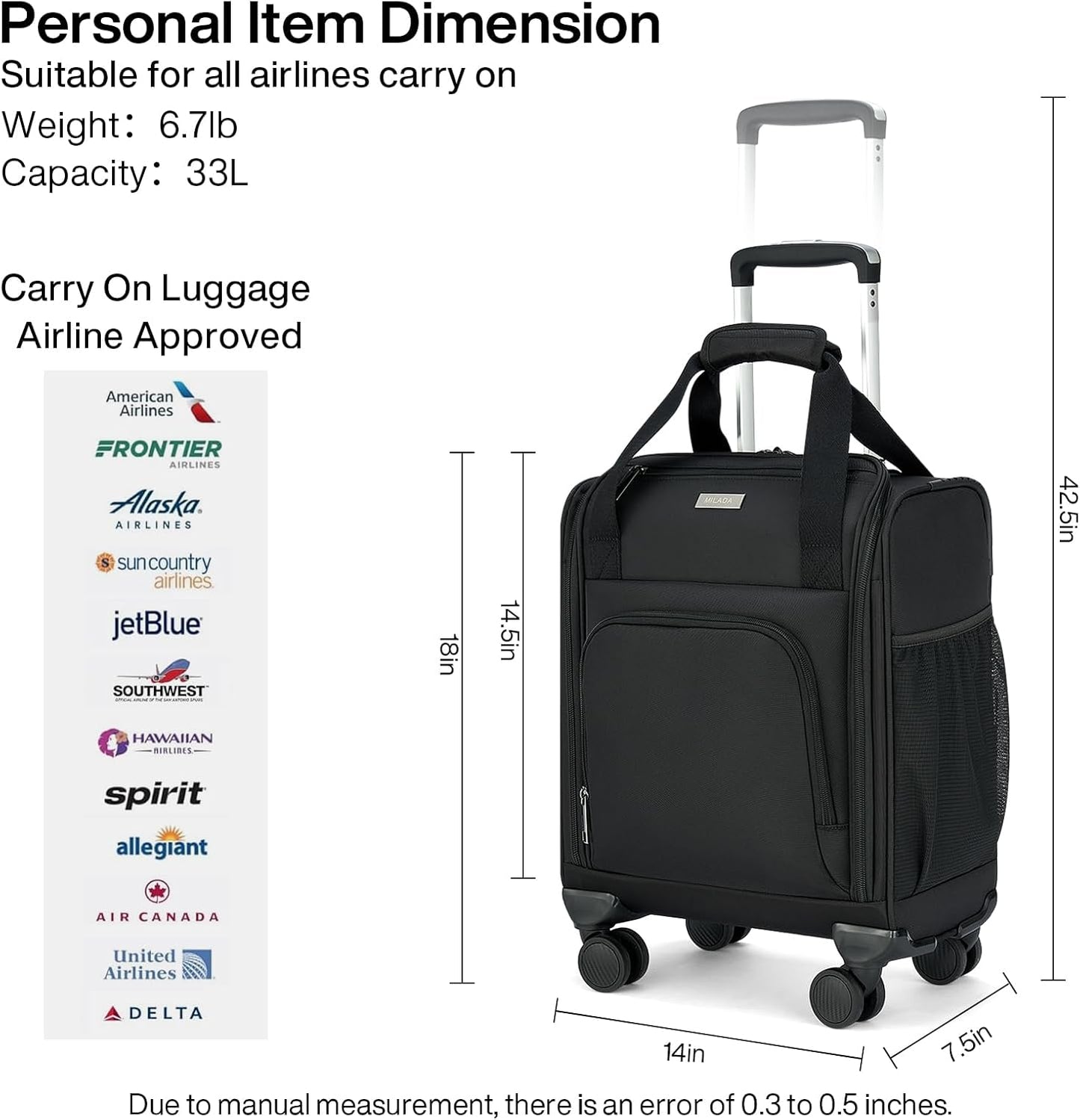 MILADA Carry On Luggage Airline Approved 16 Inch Underseat Small Suitcases with Wheels Softside Travel Luggage Personal Item Overnight Bag Business Mini Suitcase for Women and Men, Black