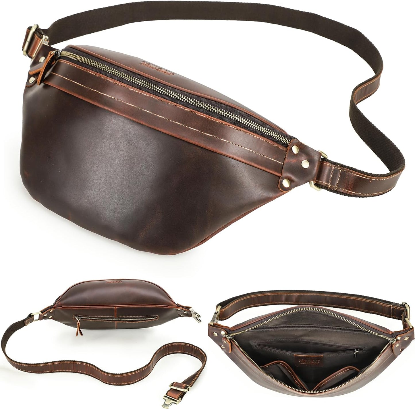Top Grain Genuine Leather Large Size Fanny Pack for Man & Woman, Minimalist Vintage Design, Handmade with Detachable Hardware, Slim Waist Pack Large Crossbody Belt Bag for Traveling or Riding, Coffee