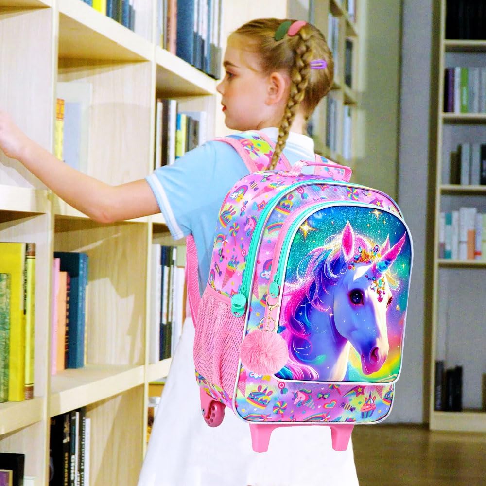 3PCS Rolling Backpack for Girls and Boys, Kids Roller Wheels Bookbag, Wheeled Elementary School Bag with Lunch Bag