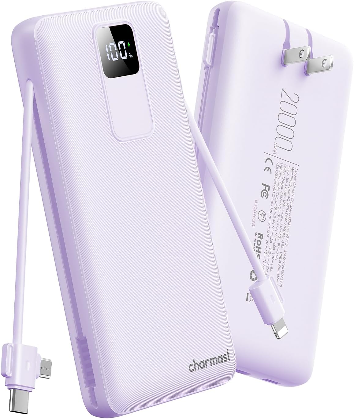 charmast 20000mAh Portable Charger with Built-in Cables & Wall Plug, 20W USB C Power Bank, Fast Charging Battery Pack Travel Essentials Compatible with iPhone 16/15/14 Series, Samsung, Google, iPad