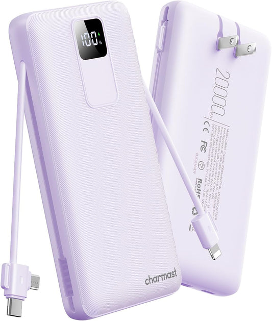 charmast 20000mAh Portable Charger with Built-in Cables & Wall Plug, 20W USB C Power Bank, Fast Charging Battery Pack Travel Essentials Compatible with iPhone 16/15/14 Series, Samsung, Google, iPad