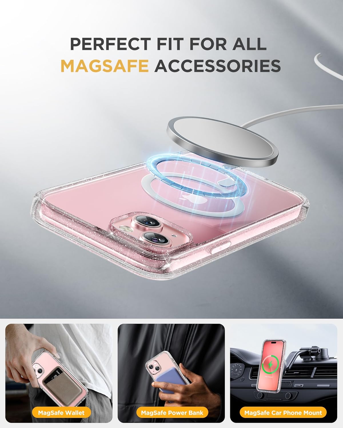 Miracase Glass Series Case for iPhone 15 [Compatible with MagSafe] Full Body Magnetic Case with Built-in 9H Tempered Glass Anti-Fingerprint Screen Protector + Camera Lens Protector, Clear Glitter