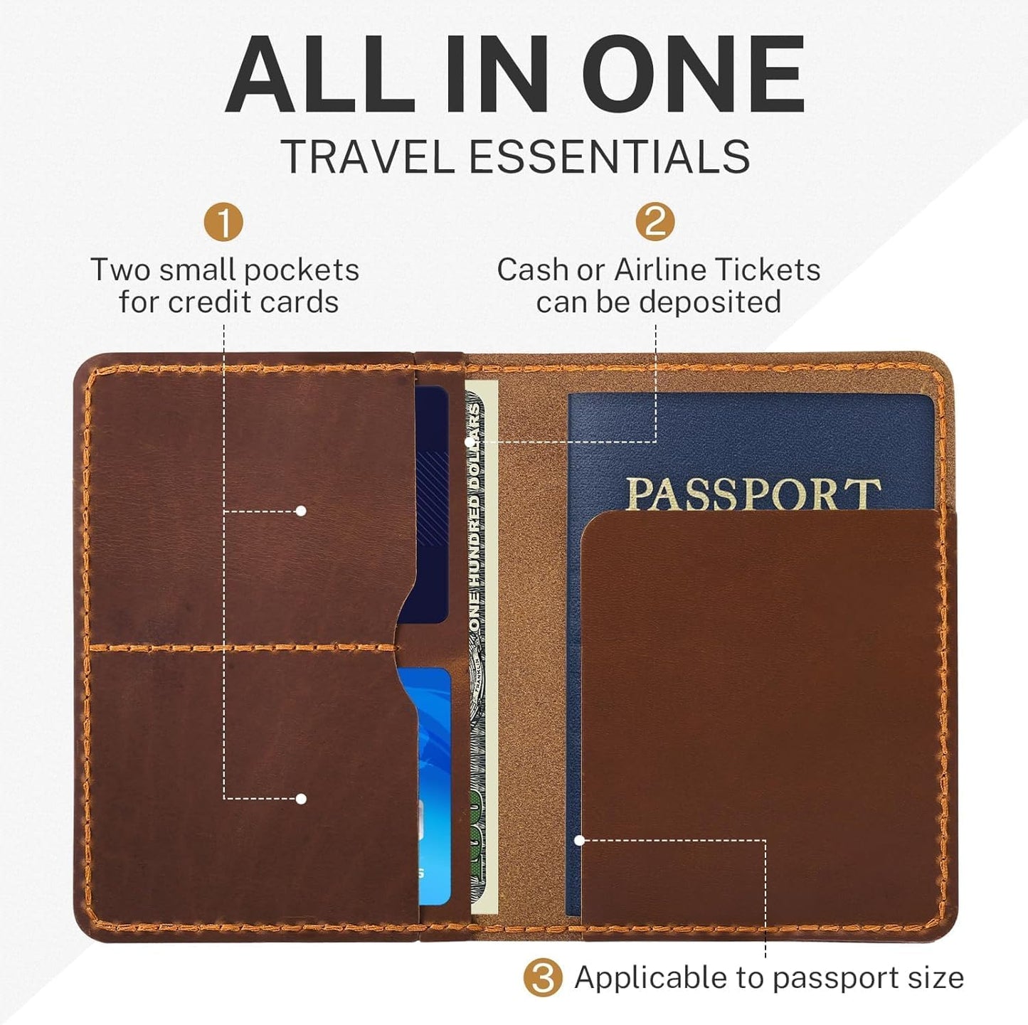 Genuine Leather Passport Holder for Travel,RFID Blocking Passport Cover, Men Passport Wallet, Folding Passport Clip with One Pocket, Two Card Slots, And One Passport Pocket(Bourbon Brown)