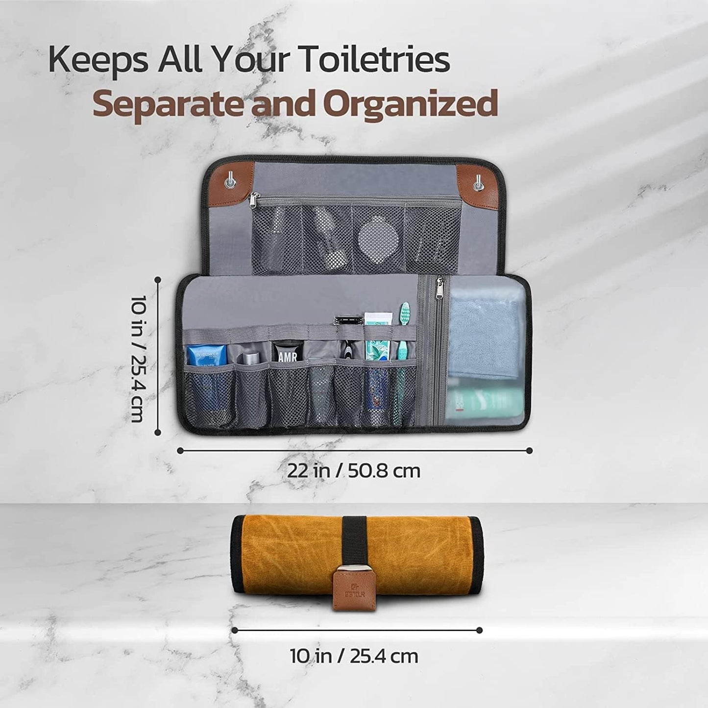 Toiletry Bag for Men, Travel Essentials Travel Toiletry Bag, Water-Resistant Compact Bathroom Roll Organizer for Hygiene, Shaving kit, Gifts for men (2.Khaki Yellow (Waxed Canvas))