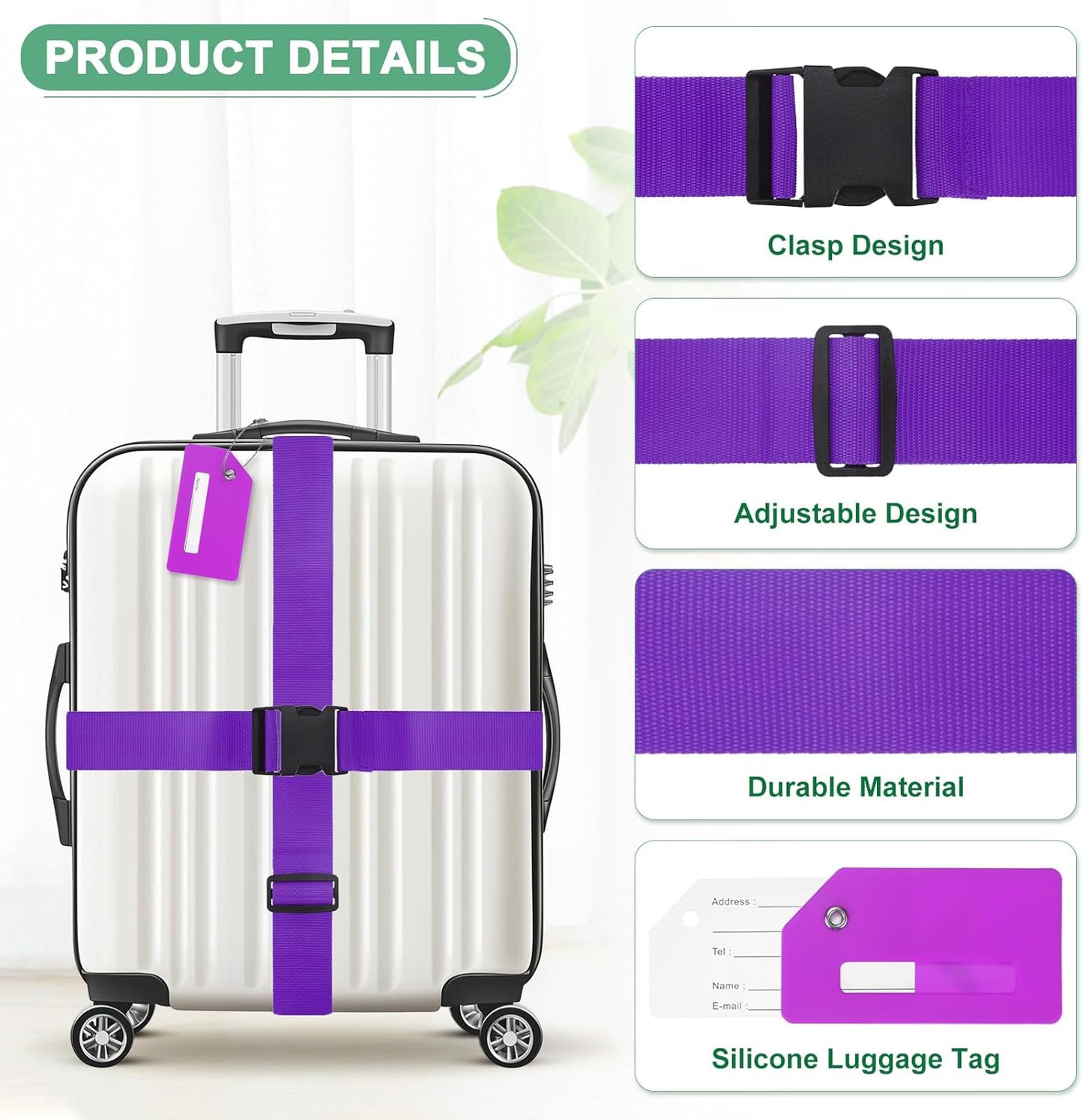 2-Sets Luggage Straps TSA Approved, Travel Straps for Luggage Suitcase Tags Set, Adjustable Suitcase Belt [Purple]