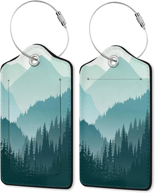 2 Pack Luggage Tag for Suitcase,Misty Forest Leather Suitcase Tags Identifiers with Privacy Name Address Labels & Durable Steel Loop for Women/Men Travel