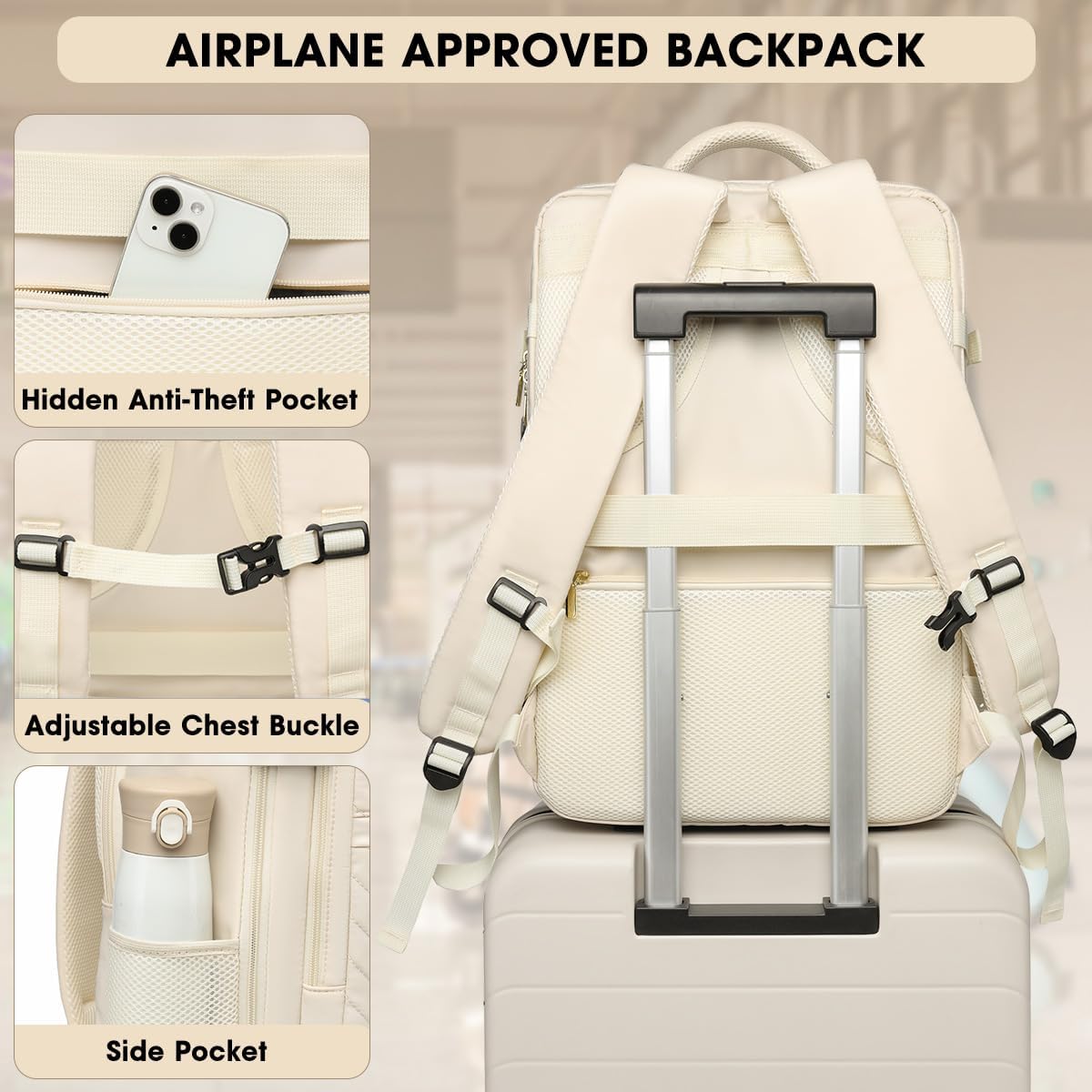 Large Carry On Travel Backpack - Flight Approved Waterproof Luggage Suitcase Backpacks Personal Item Size for Women Men Fit 17 Inch Laptop College Overnight Bag Anti-Theft Weekender Daypack Beige