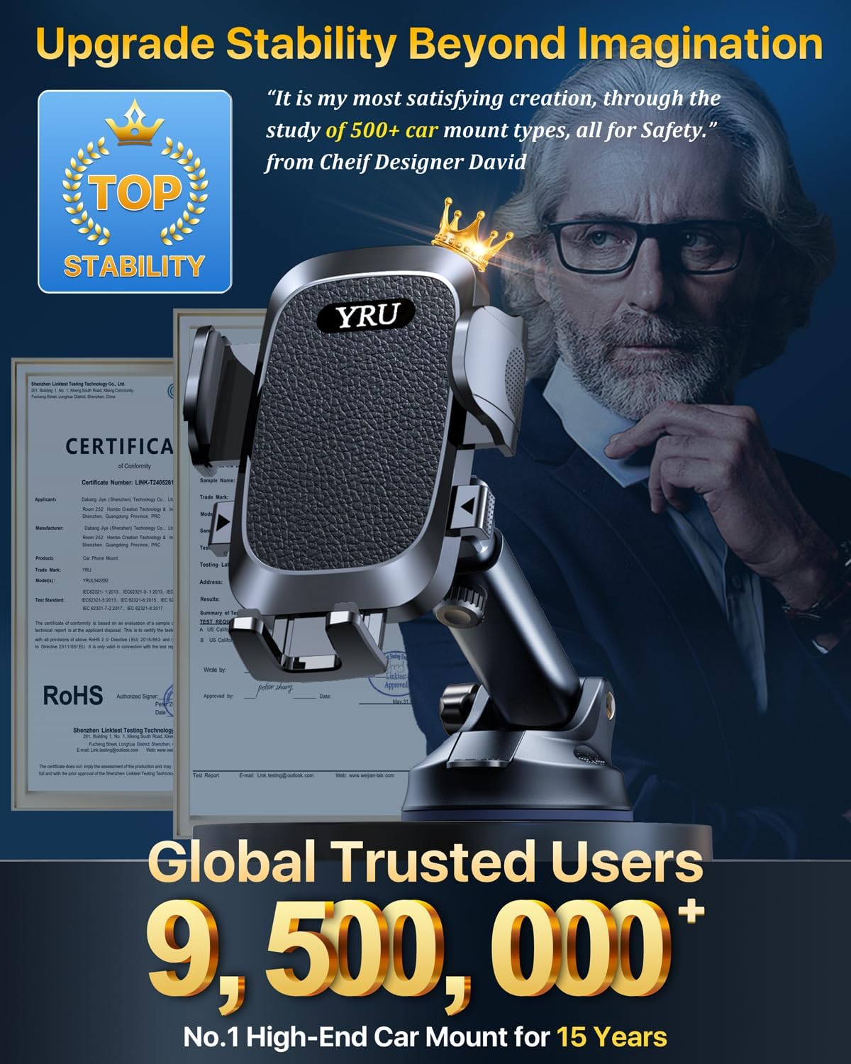 YRU [True Upgrade for Safety] Car Phone Holder Mount [Patent & Military-Grade] Dashboard Cell Phone Holder for Car Vent Windshield Phone Stand for iPhone 17 16 15 14 13 Pro Max Truck Samsung, Black