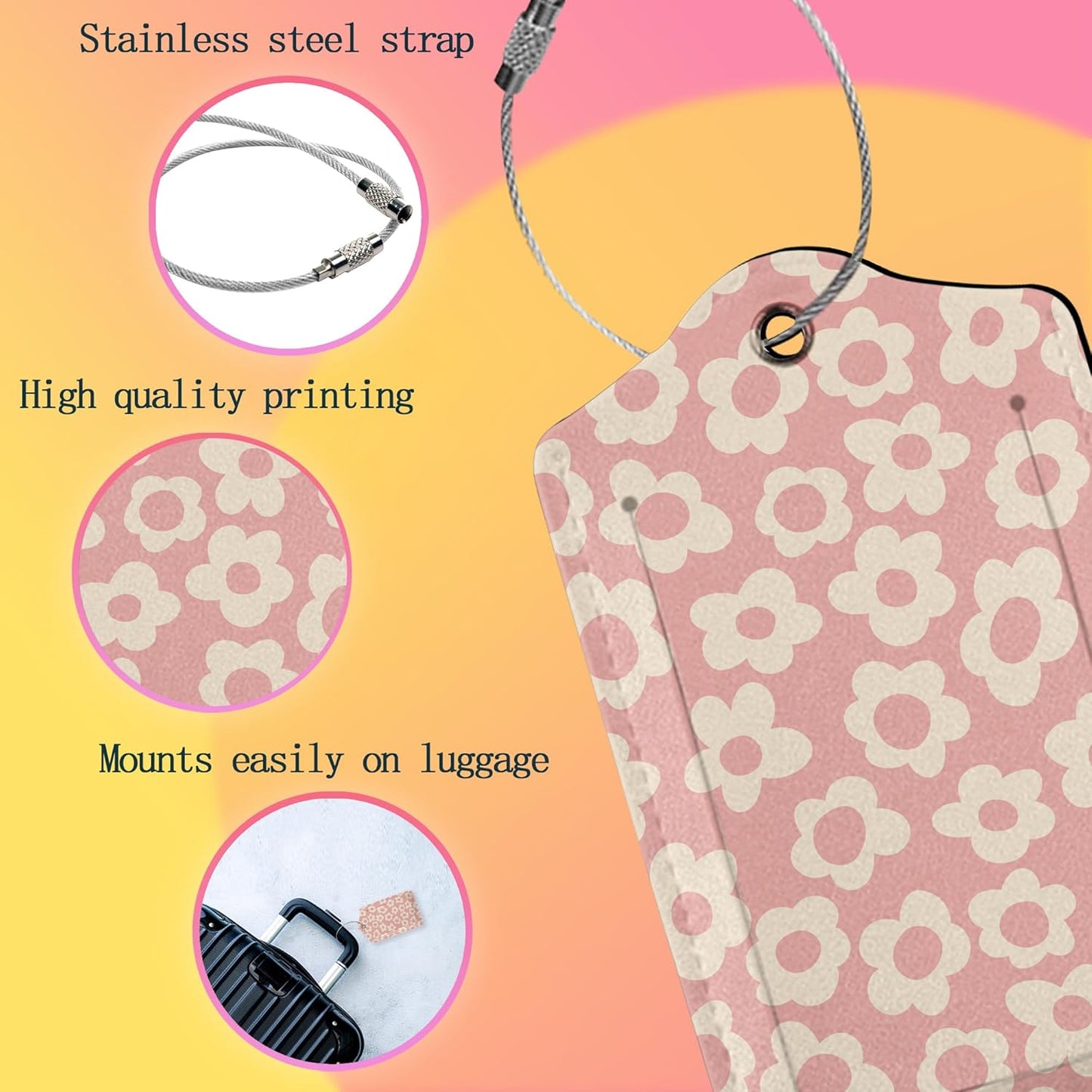 Luggage Tags for suitcases,2 Pack Abstract Pink Flower Luggage Tag,Leather Stainless Steel Loop Label Tag for Women Men Girls Travel Bag Suitcase