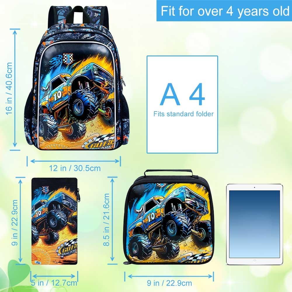 16" Truck Backpack for Boy, 3Pcs Car School Backpacks with Lunch Box, Kids Bookbag for Elementary Preschool Kindergarten(Black)