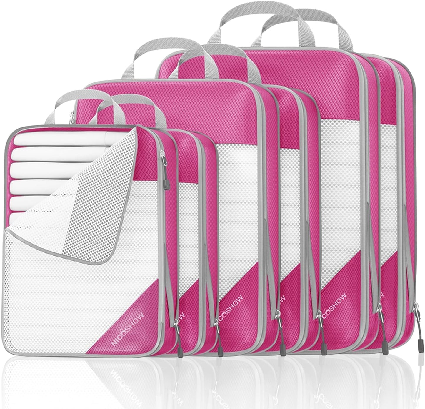 Compression Packing Cubes 6 Set, Compressible Space-Saving Packing Cubes for Travel - Compression Bags, Luggage Organizer, Travel Essentials for Women, Hot Pink