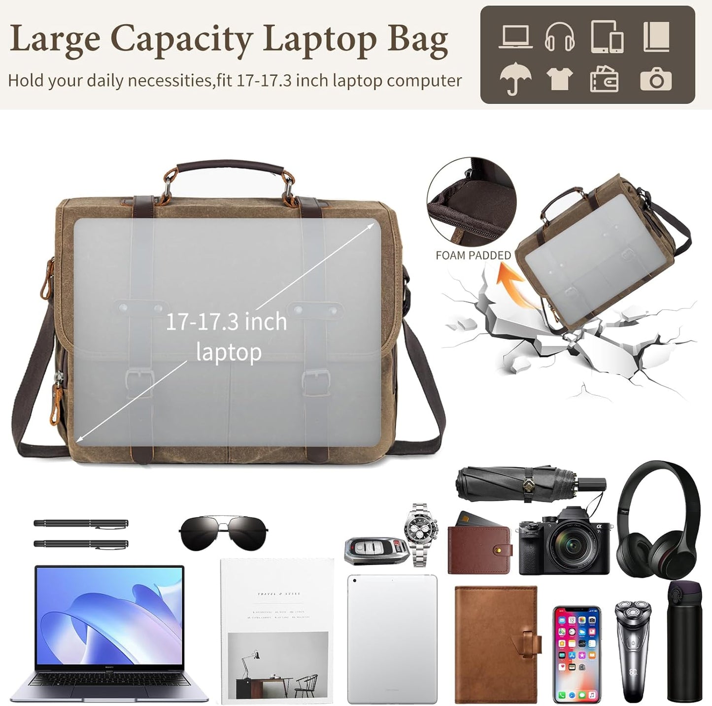 Wogarl 15.6" Messenger Bag for Men: Leather Waxed Canvas Briefcase Large Computer Laptop Bag Handbags Crossbody Bags for Work