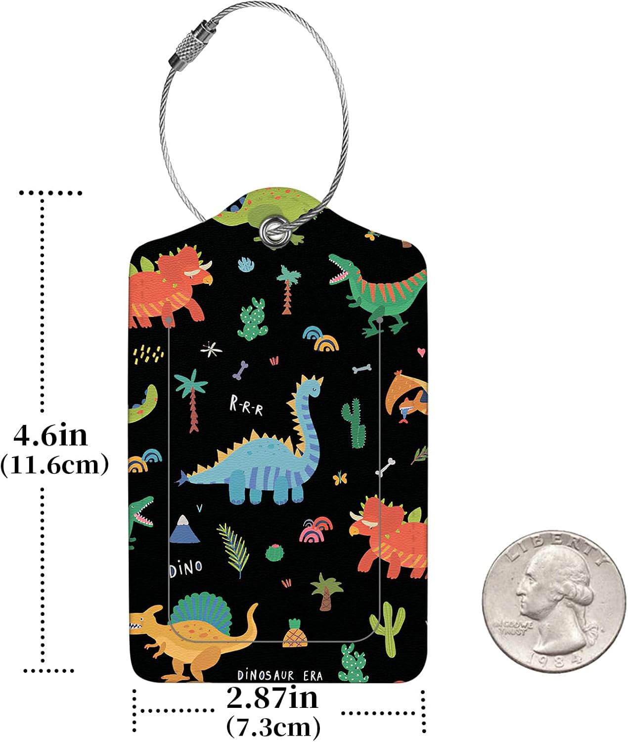 2 Pcs Luggage Tags for Suitcase, Cute Unique PU Leather Travel Bag Tag with Privacy Cover ID Label Address Card and Durable Metal Ring Suitable for Men Women Children Backpack,Dinosaurs