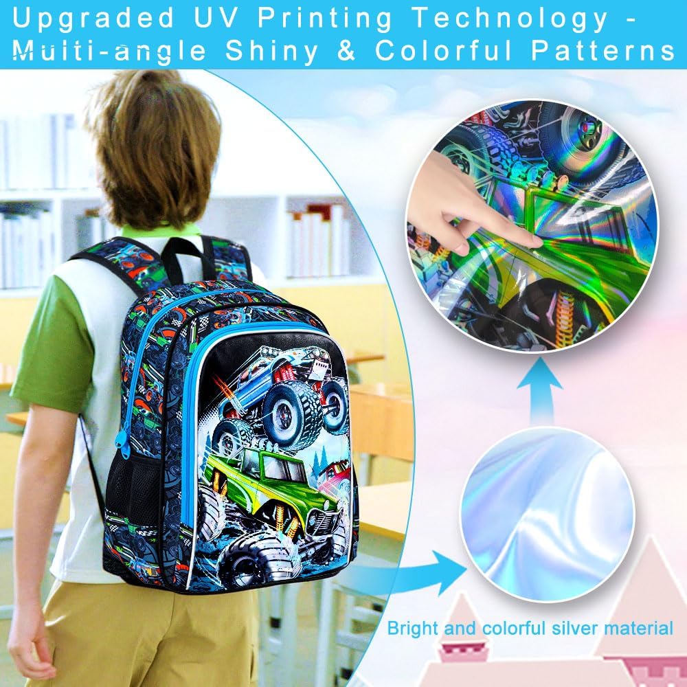 3PCS Dinosaur Backpack for Boys, 16 Inch Kids Water Resistant Preschool Elementary Kindergarten Bookbags and Lunch Box