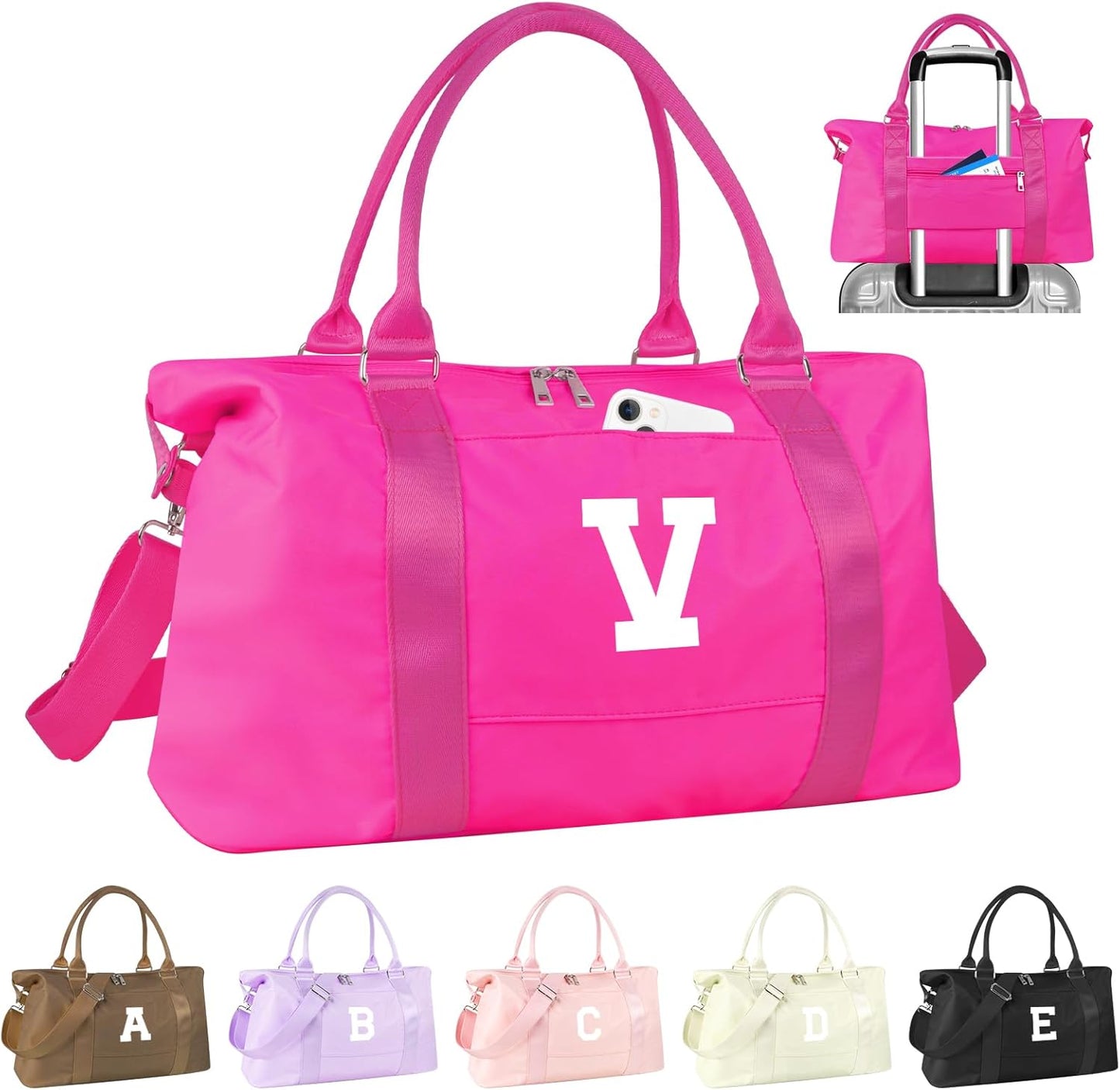 Overnight Bag for Kids Teen Girls Weekender Dance Bag Birthday Graduation Gifts,Initial Travel Duffel Bag Sports Gym Bag Personalized Weekender Bag Carry On Bags Preppy Gifts for Women(Hot Pink, V)