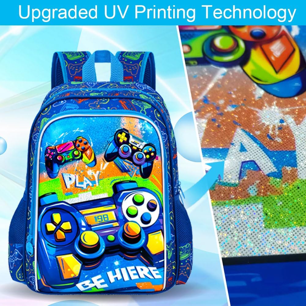 Gamer Backpack for Boys, 16" Kids Bookbag with Lunch Box, 3Pcs Gaming School Backpacks for Elementary Preschool Kindergarten (Blue)