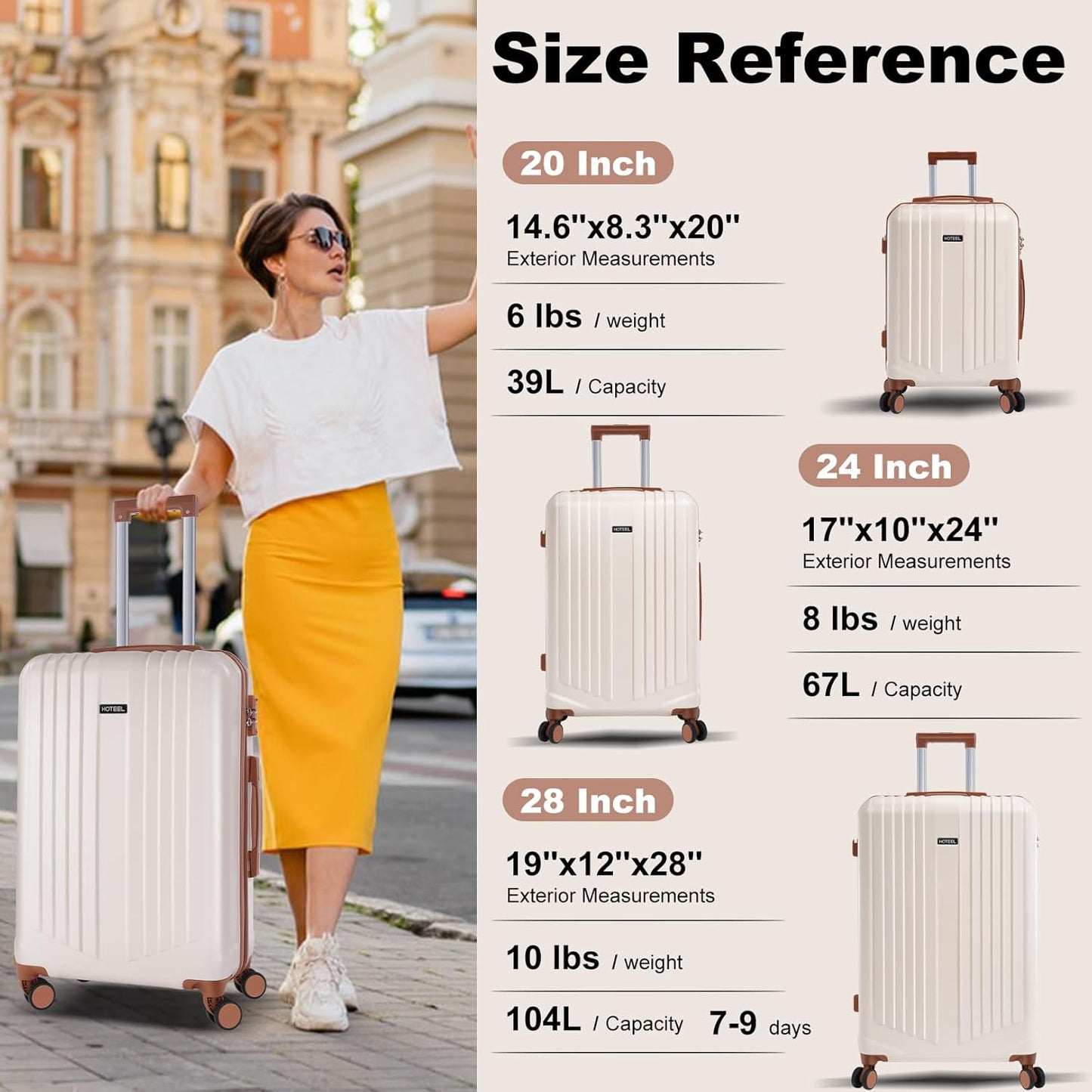 Hoteel 3-Piece Luggage Sets (4-YEAR WARRANTY) with Spinner Wheels, TSA Lock, 20 24 28 Inch Hardshell Suitcases for Travel, Lightweight Carry On & Checked Luggage Set （Beige）