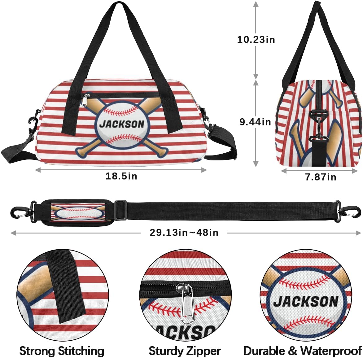 Sport Baseball Custom Name Kids Overnight Duffel Bags Boys Red Stripe Personalized Sport Gym Bag Customized Duffel Bag for Travel Weekender Practice Gymnastics