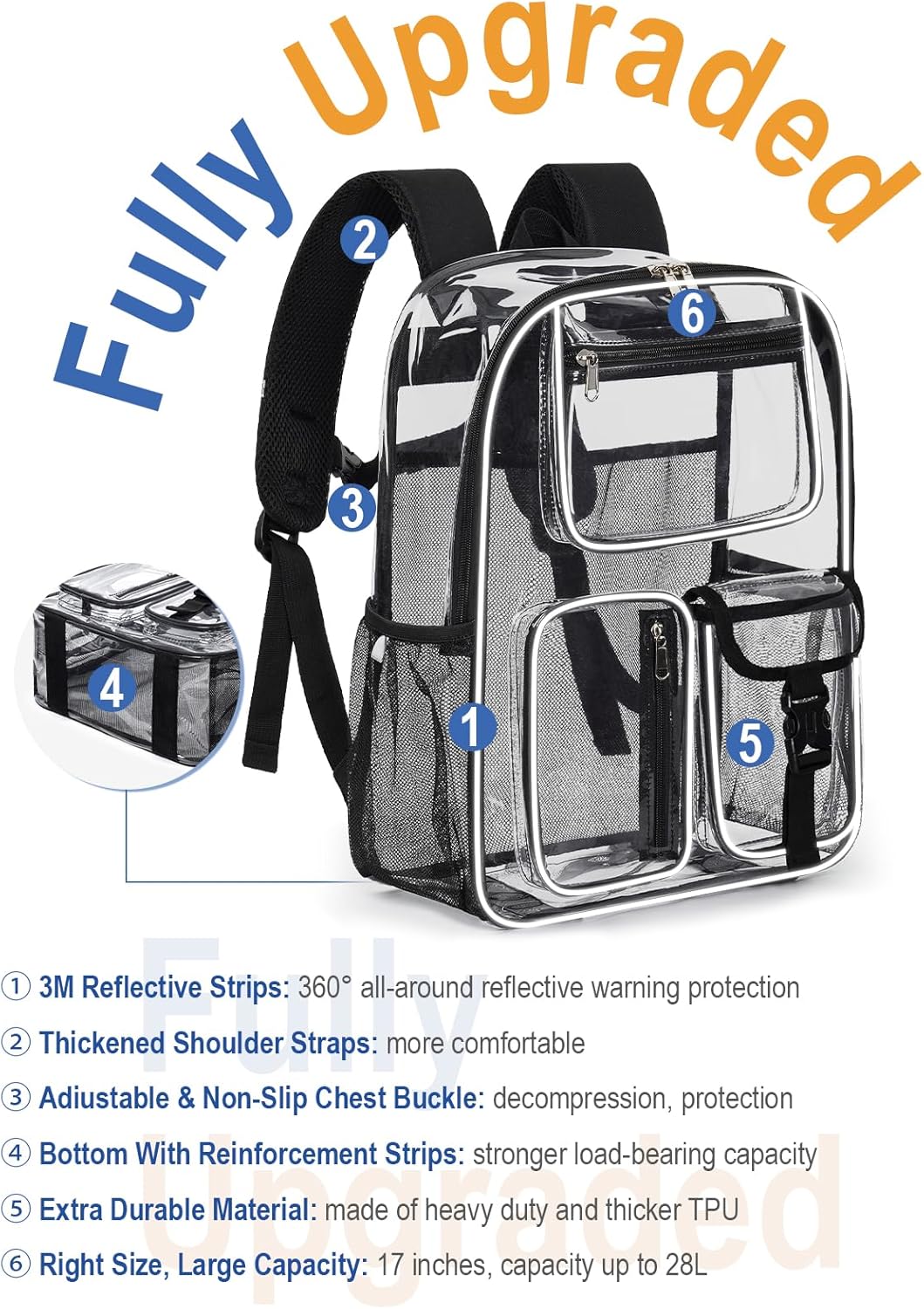 Heavy Duty Clear Backpack For School, 17 Inch Large Clear Bookbag For Kids Boys Girls Women Men, 360° 3M Reflective Strips See Through Backpack, Multi-Pockets Tranparent Bag, College Work, Black
