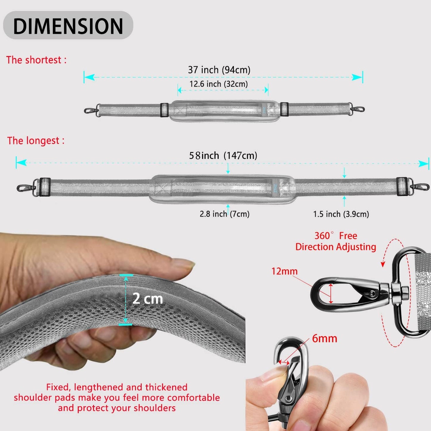 ZINZ Shoulder Strap 58" Ultra-Thick Fixed Padded and Adjustable Buckles Crossbody Strap for Briefcase Laptop Bag Luggage