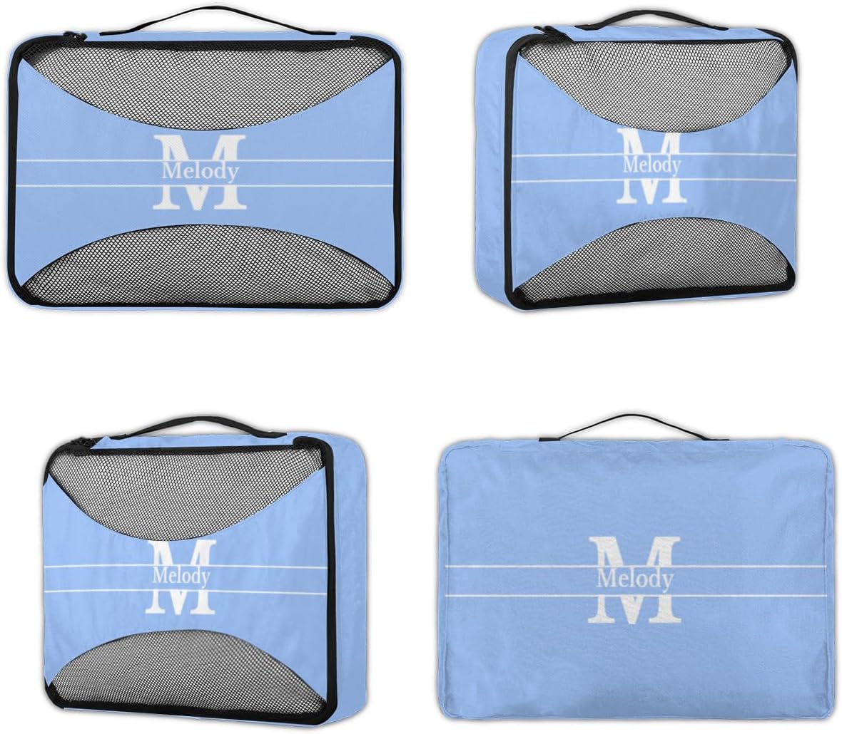 Custom Name 4 Pcs set travel luggage organizer Mesh Travel Essentials for Suitcases, Light Sky Blue with Initial Letter
