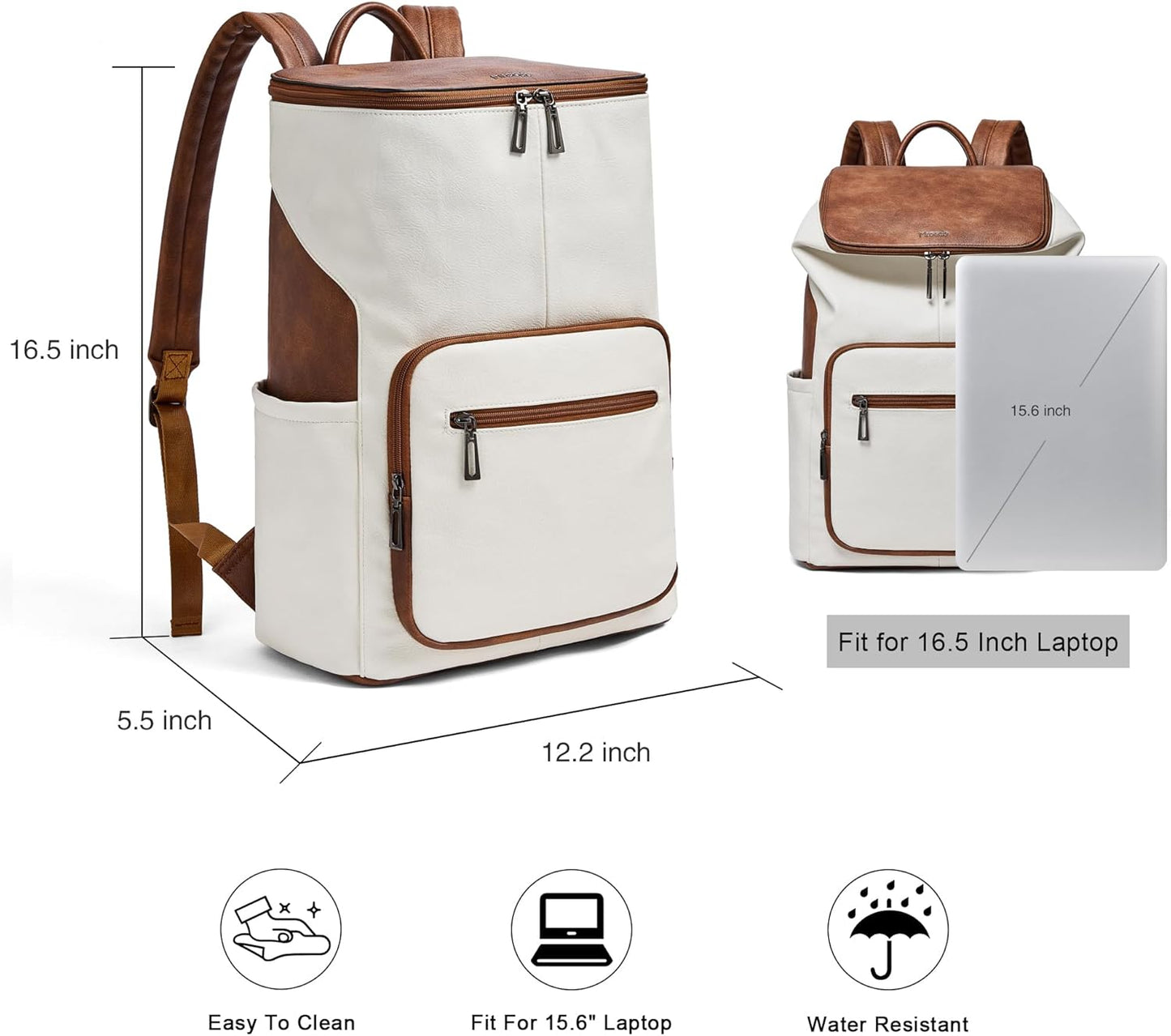 Leather Laptop Backpack for Women, 15.6 Inch Travel Backpack with Laptop Compartment, Casual Daypack Fashion Travel Backpack Purse for Travel College Work, Beige Brown
