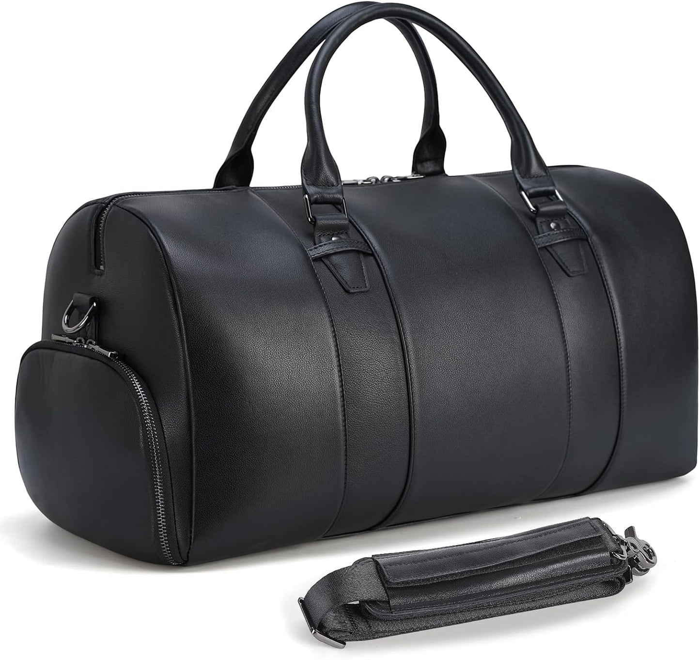 Masa Kawa Black Leather Duffle Bag for Travel Men, 31L Carry On Waterproof Foldable Duffel Bag with Shoe Compartment for Gym, Sports, Overnight Weekender Camping