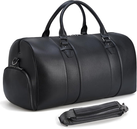 Masa Kawa Black Leather Duffle Bag for Travel Men, 31L Carry On Waterproof Foldable Duffel Bag with Shoe Compartment for Gym, Sports, Overnight Weekender Camping