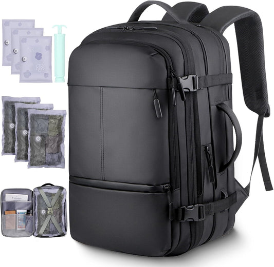 TNELTUEB Vacuum Backpack Travel-Expandable Vacpack Backpack with 3 Compression Bags and Manual Pump, Waterproof & Laptop Compartment(Fits 17"), Carry-on Luggage Backpacks for Flight/Business, Black