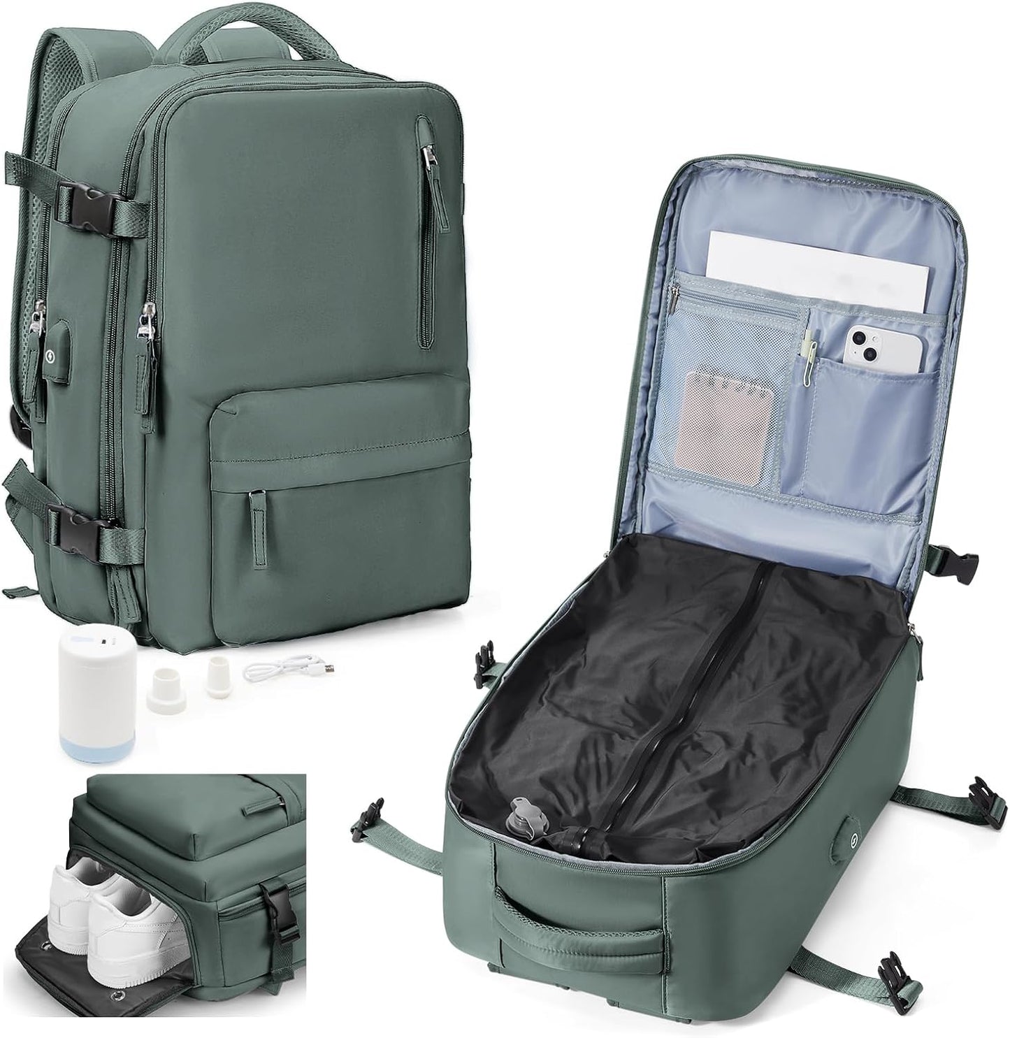 Vacuum Backpack Travel with Pump, Water Resistant Cabin Size Travel Backpack with Vacuum System, 18x14x8 Frontier Personal Item Travel Bag for Men Women Fits 16" Laptop Backpack, Army Green