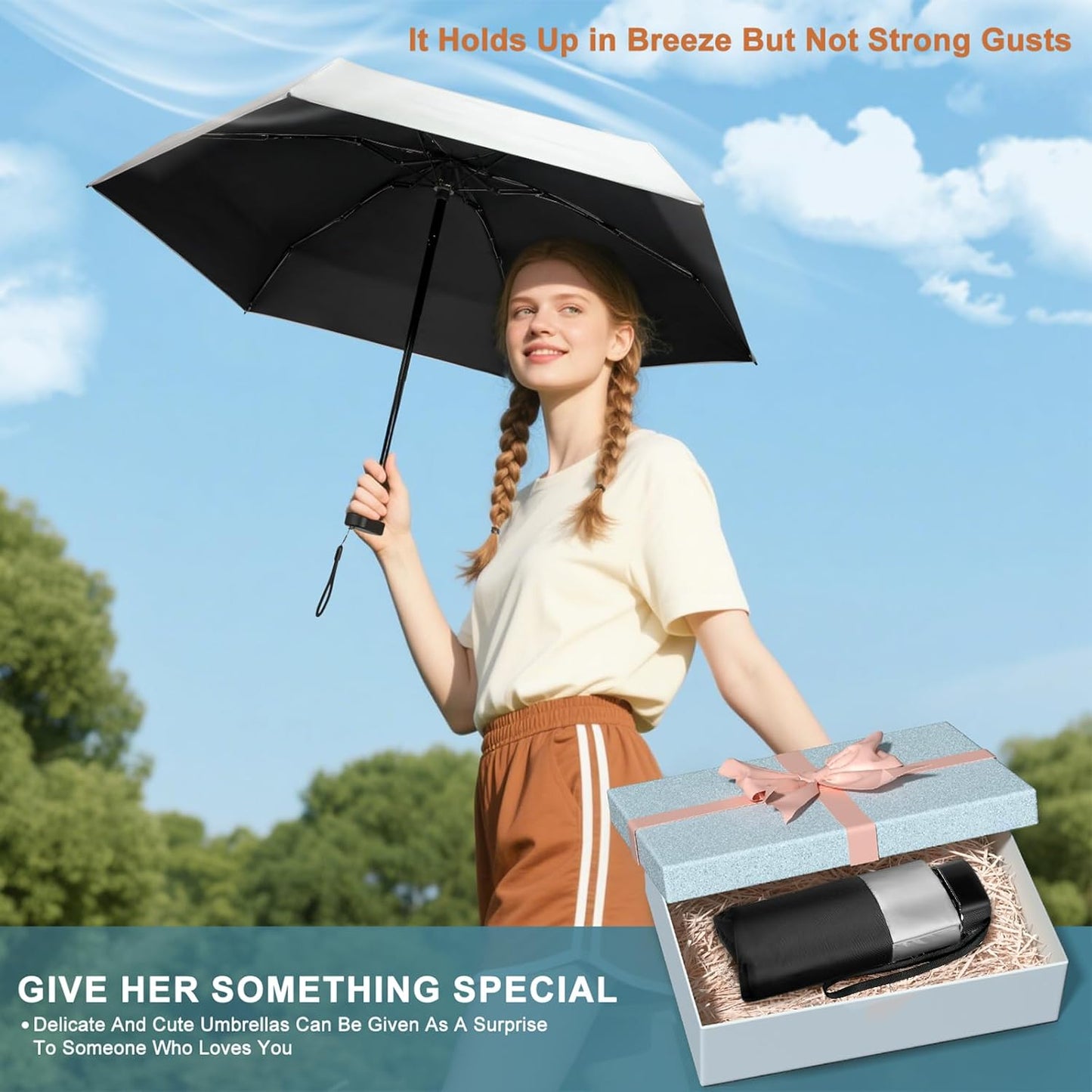 LEAGERA Mini Umbrella For Purse - UPF 50+ UV Blocker Sun Protection Umbrella, Small Micro Travel Parasol Design for Women, Black