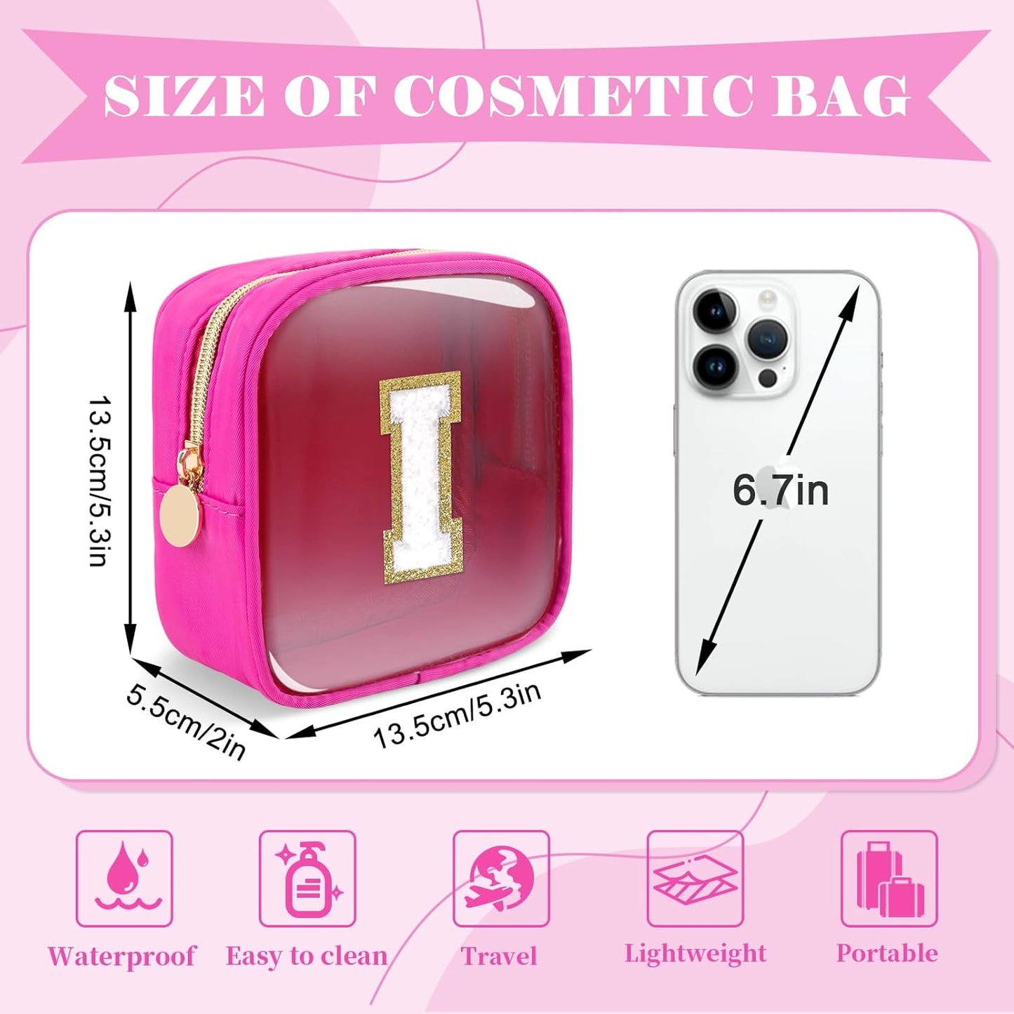 Personalized Initial Letter Clear Preppy Makeup Bag,Mini Nylon Chenille Letter Cosmetic Bag Cute Zipper Pouch Coin Purse for Teen Girls,Portable TSA Approved Travel Essentials Bag Gift for Women,I