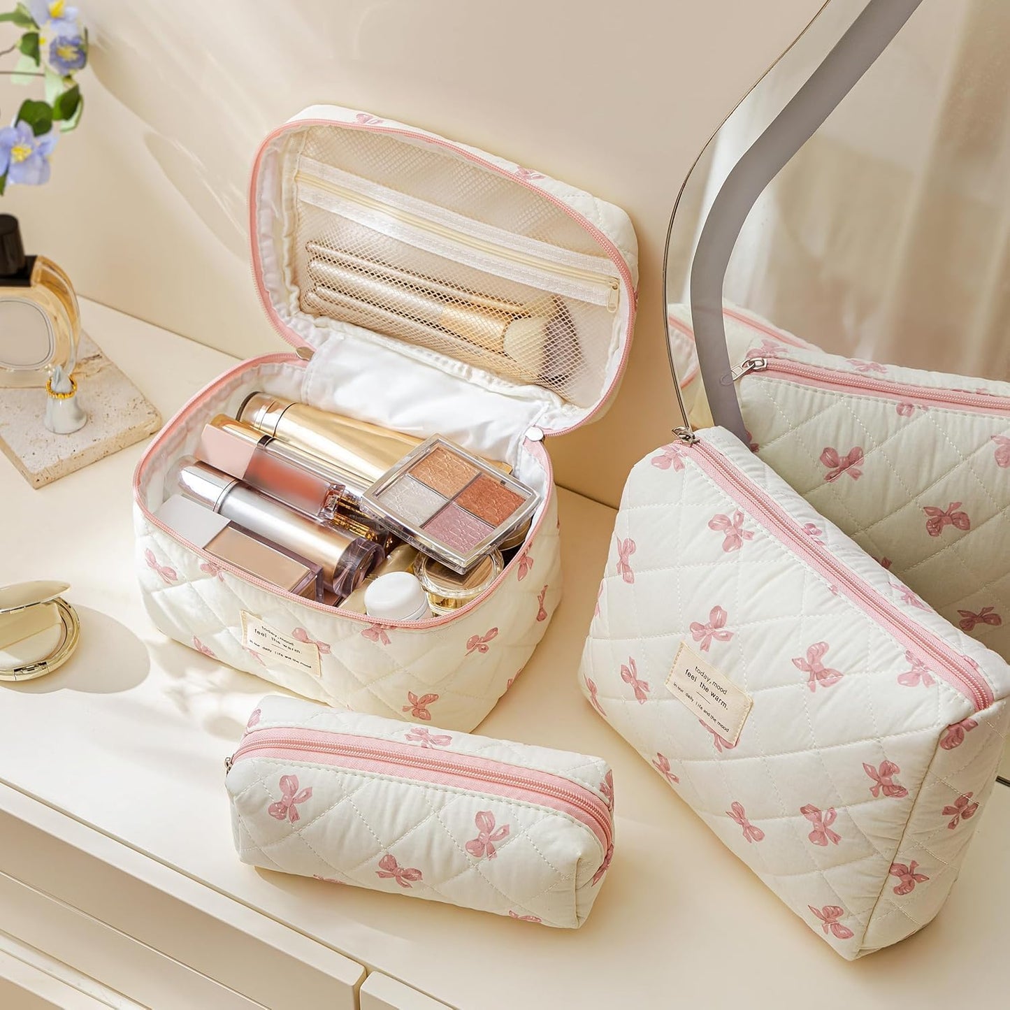 HBselect Quilted Makeup Bag, 3PCS Cotton Large Travel Makeup Bag, Cute Floral Coquette Make up Bag Cosmetic Bag Toiletry Bag for Women Girls