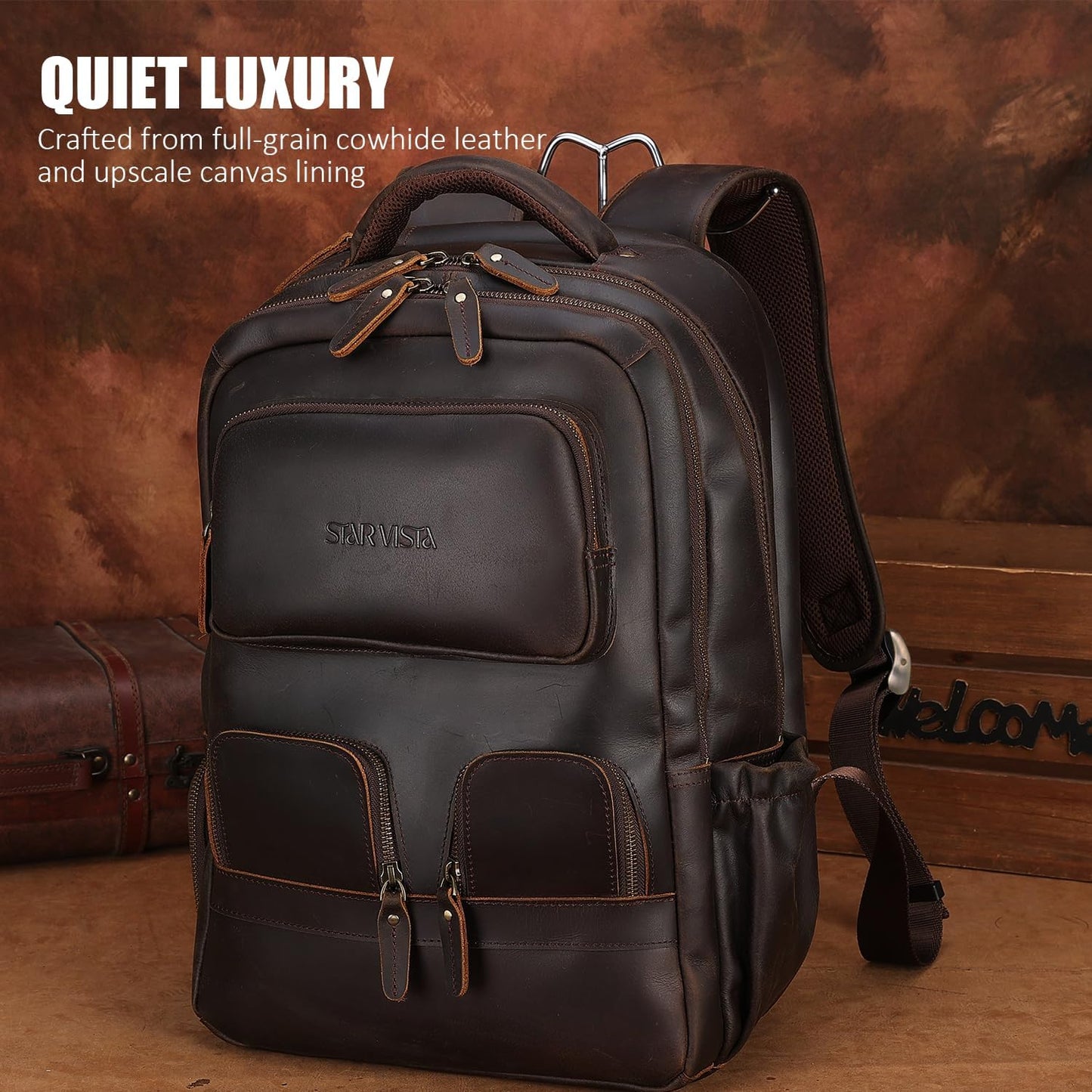 STAR VISTA 15.6" Raphael Vintage Full Grain Leather Laptop Backpack for Men, Multi Pockets, Casual Outdoor Business Travel Rucksack, YKK Zippers, Dark Brown