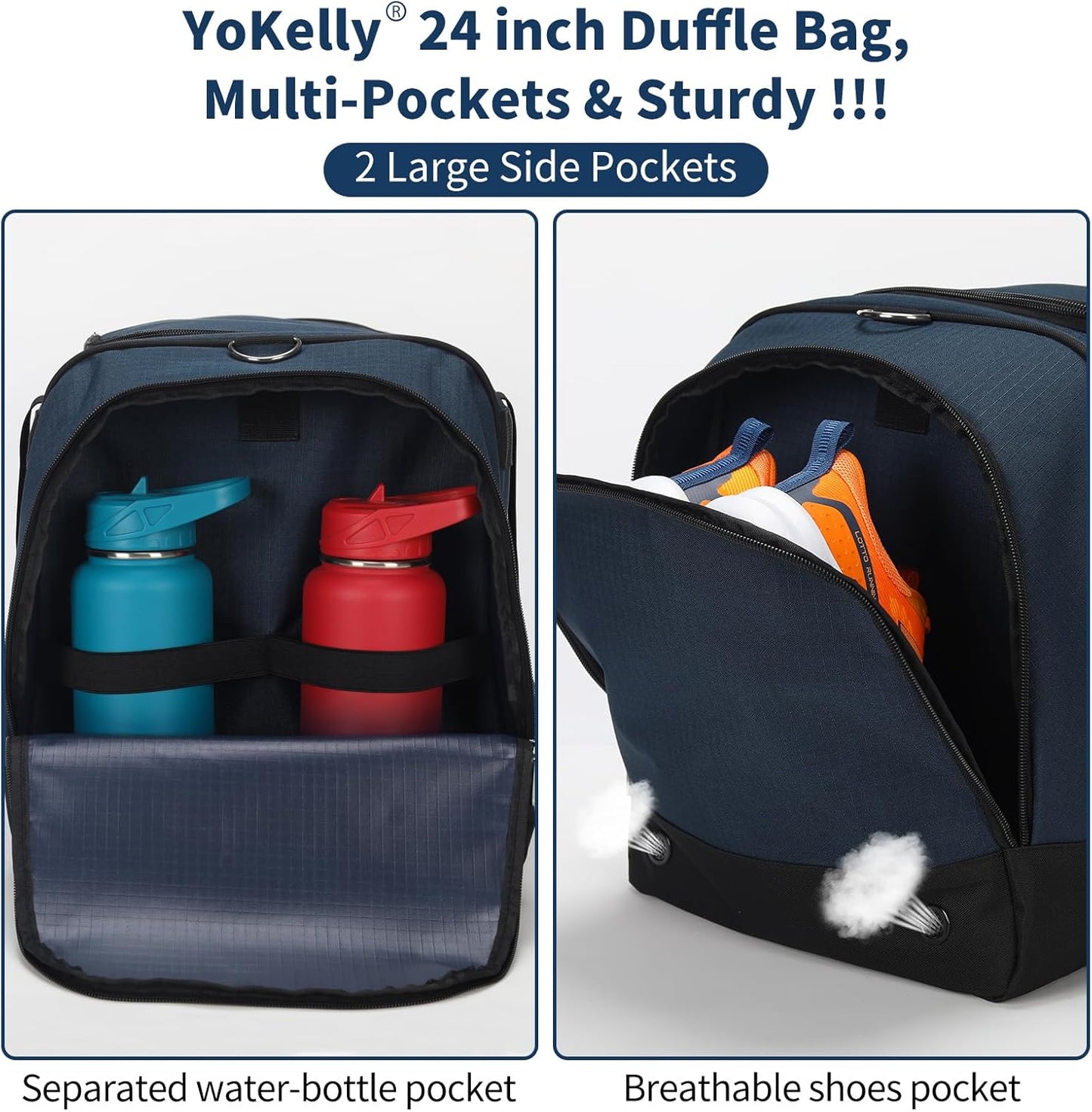 24 inch Large Gym Bag for Men - 65L Hard Bottom Duffle Bag with Shoes Compartment for Sport/Travel - Navy Blue