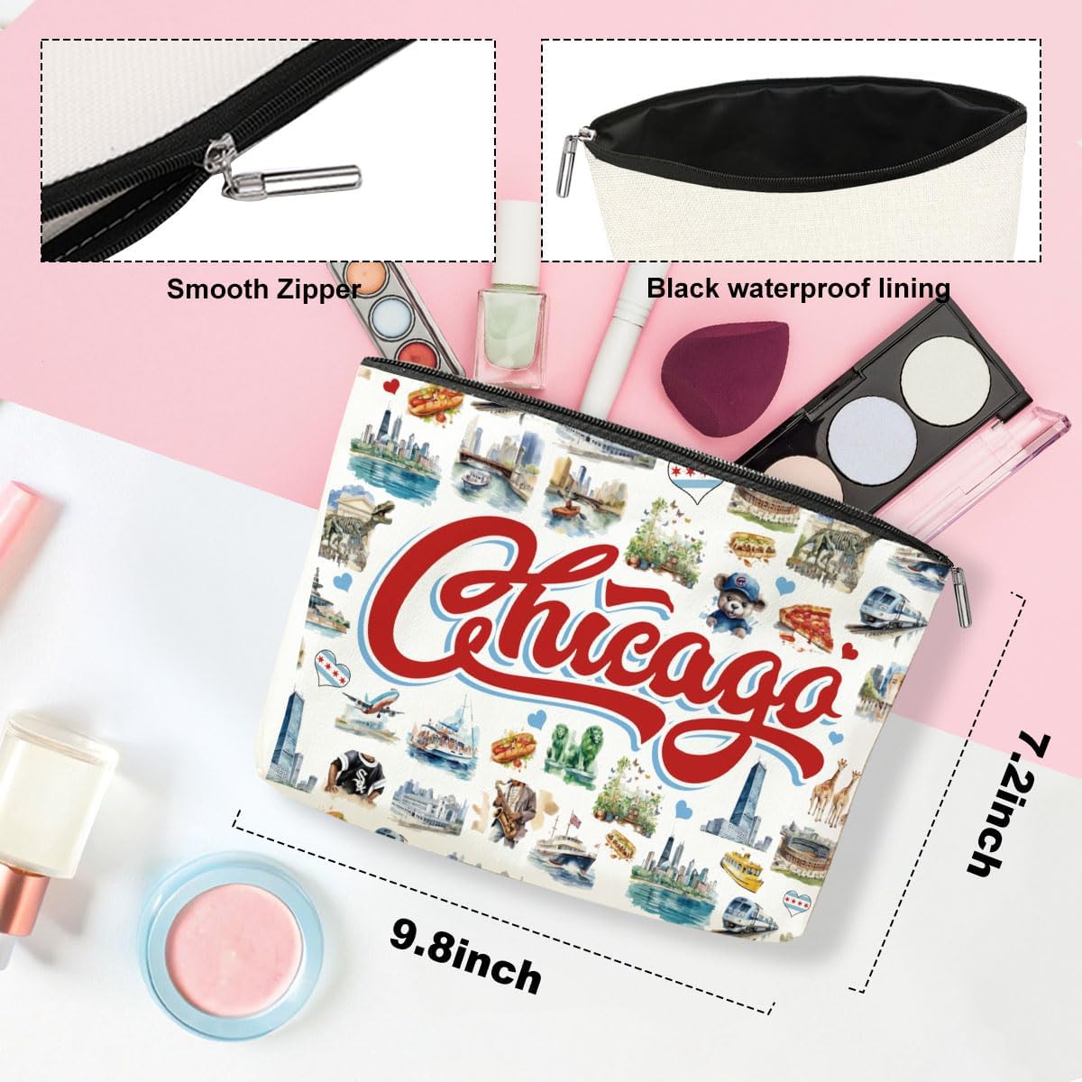 4PCS Chicago Souvenirs Chicago Gifts Makeup Bag Cosmetic Bag for Women Friend Lady Sister Bestie Chicago Travel Lover Weekend Bag Vacation Christmas Birthday Friendship
