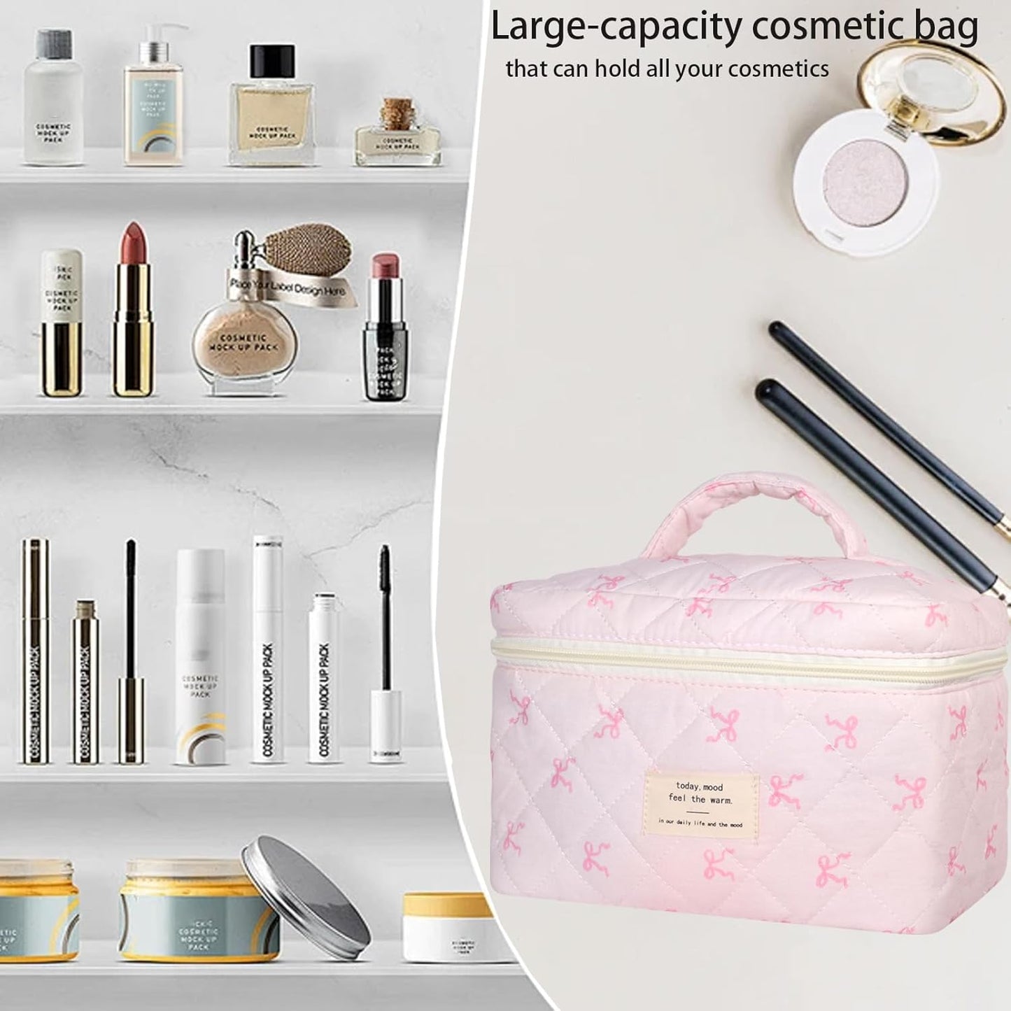 Quilted Makeup Bag, Large Makeup Bag, Cute Cosmetic Bag for Women Girls, Floral Coquette Aesthetic Travel Toiletry Make Up Organizer Bag-Light Pink