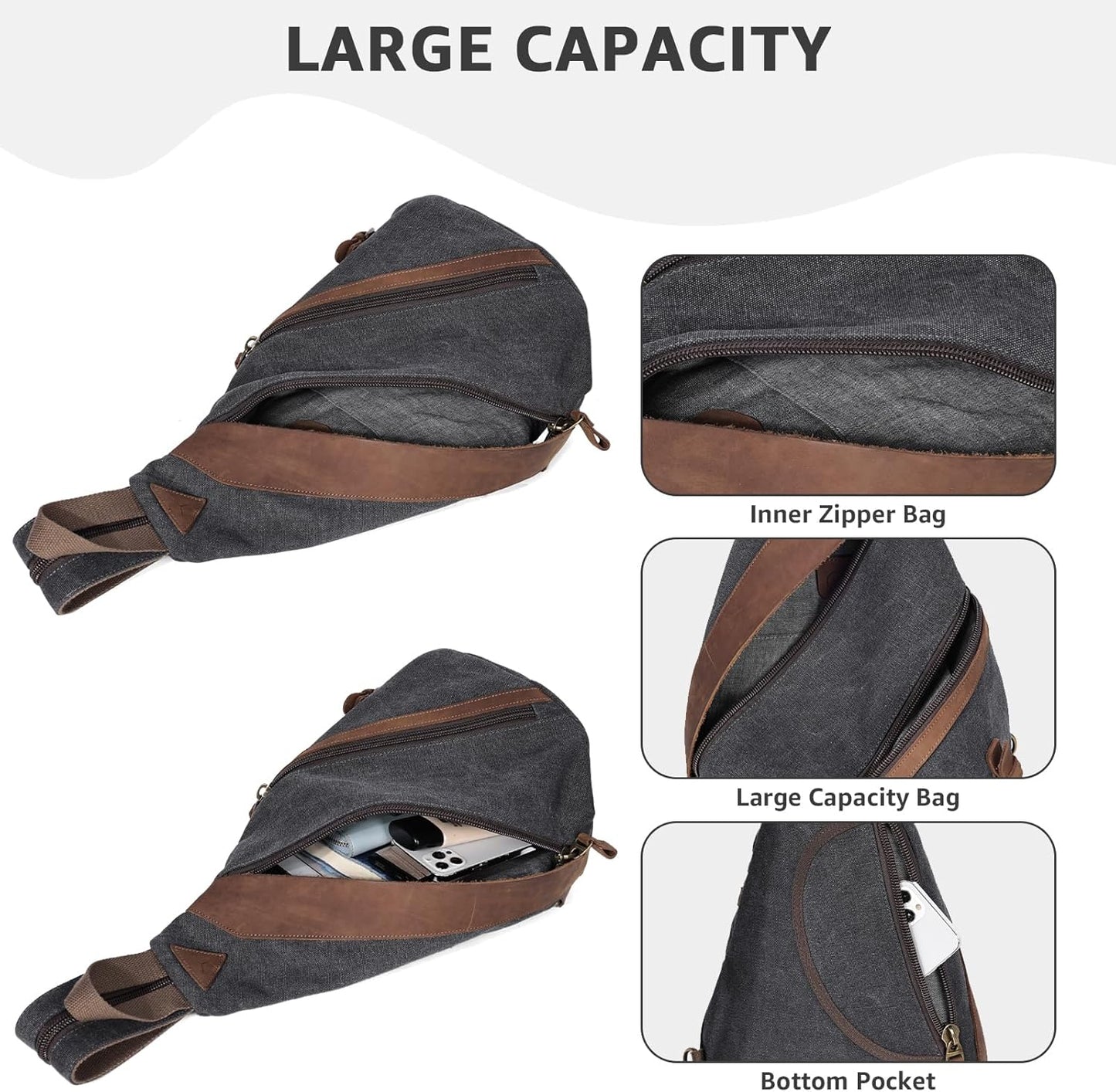 KL928 Canvas Sling Bag for Men Women, Genuine Leather Design Shoulder Crossbody Bags Backpacks Travel Daypack with Earphone Hole Rucksack, Black