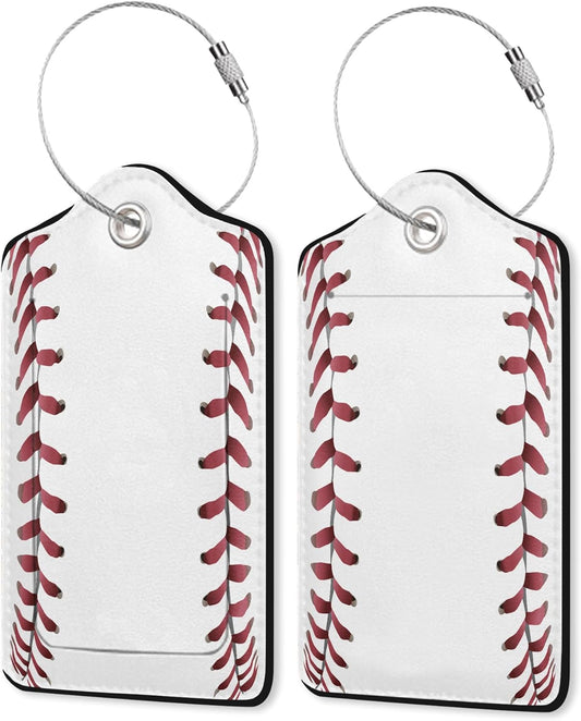 2 Pack PU Leahter Luggage Tag with Stainless Steel Loop, Baseball Luggage Tag Travel Suitcase Labels with Privacy Cover ID Label Quickly Spot for Bags & Baggage
