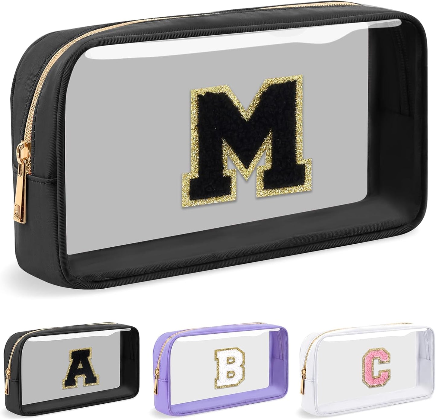Personalized Initial Letter Clear Makeup Bag,Preppy Small Nylon&PVC Cosmetic Zipper Bag with