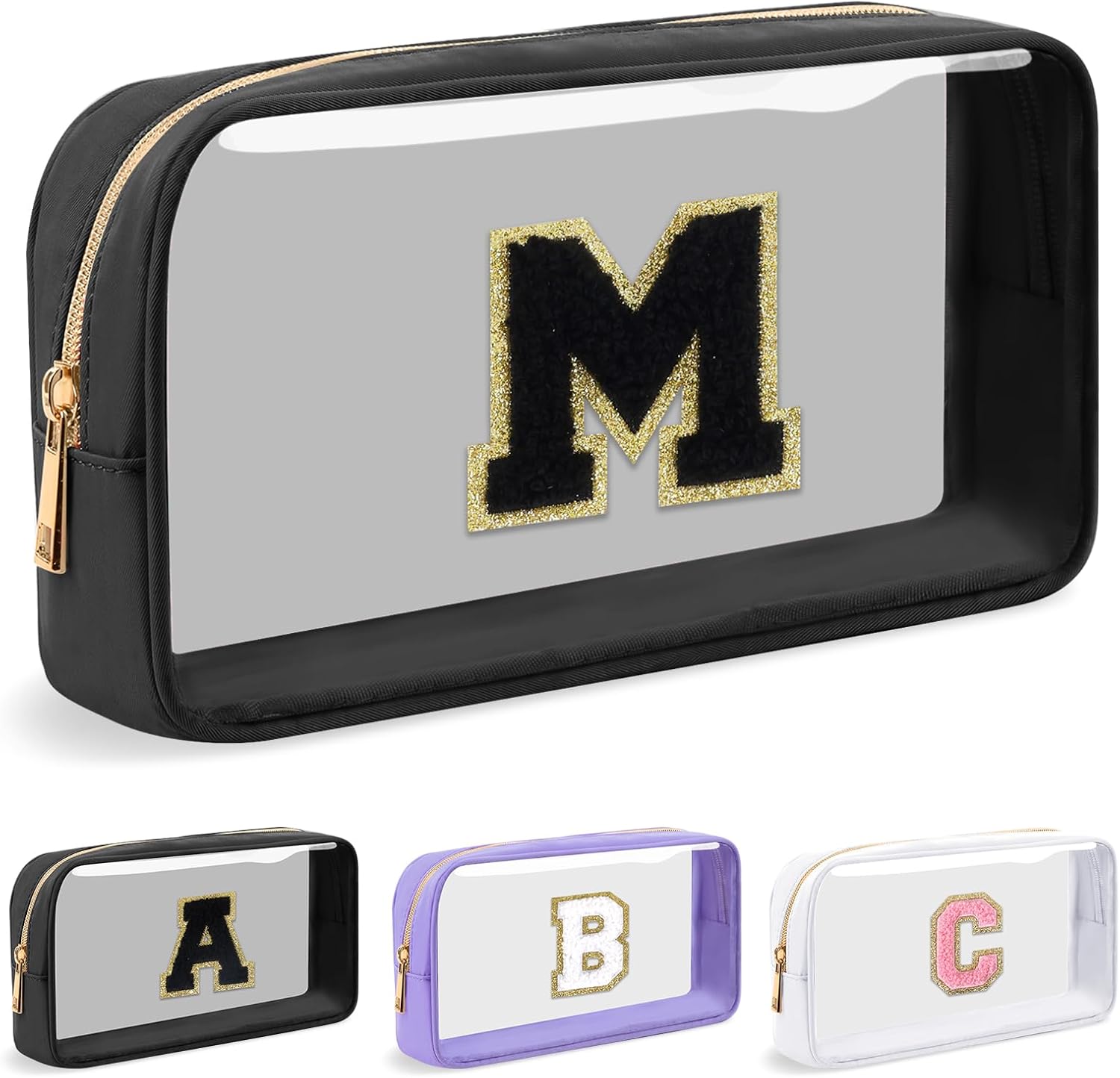 Personalized Initial Letter Clear Makeup Bag,Preppy Small Nylon&PVC Cosmetic Zipper Bag with