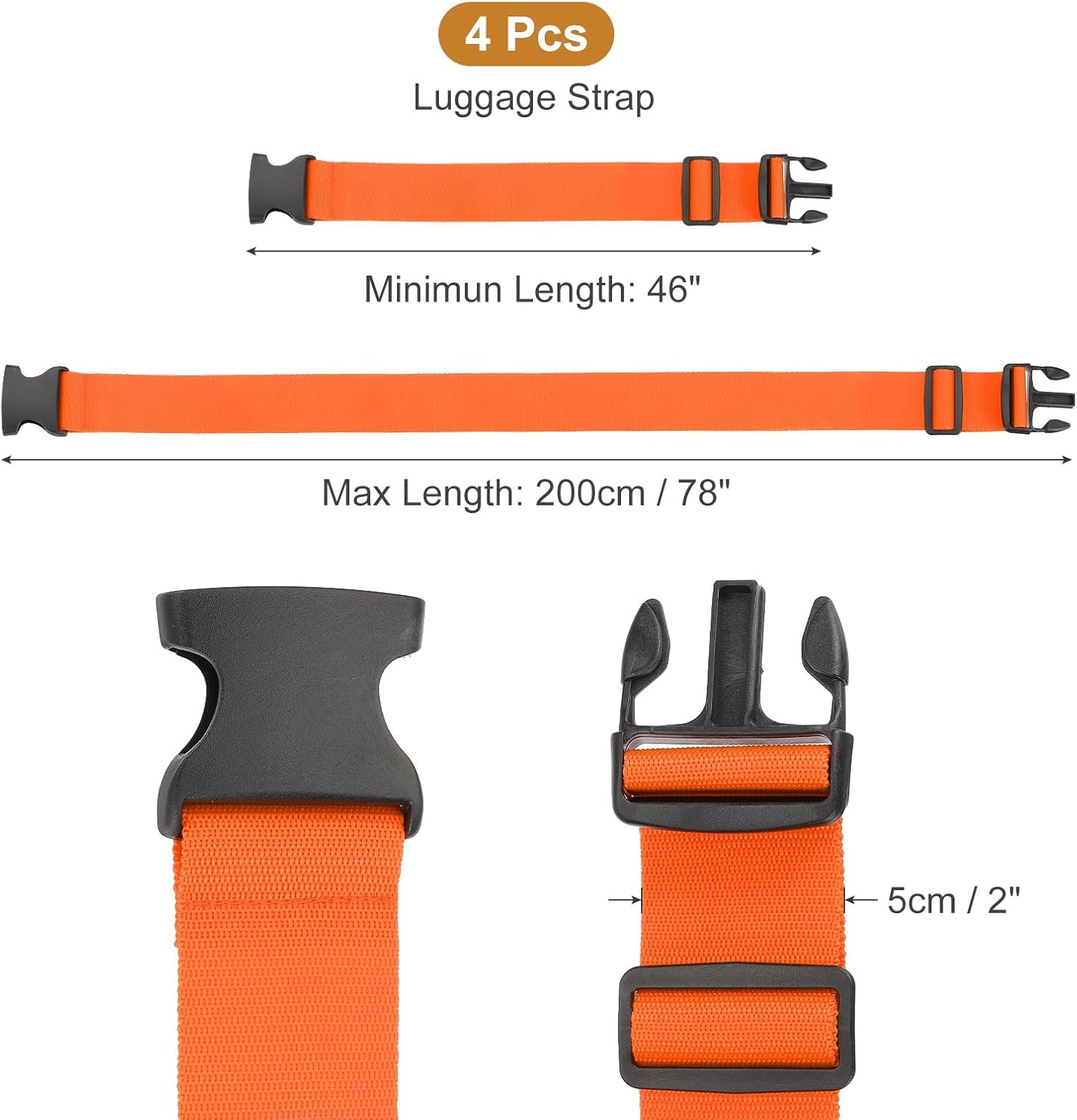 MECCANIXITY Luggage Straps with Quick-Release Buckle Adjustable Suitcase Belt Strap for Suitcase Briefcase Backpack Travel, Orange-Red, Pack of 4